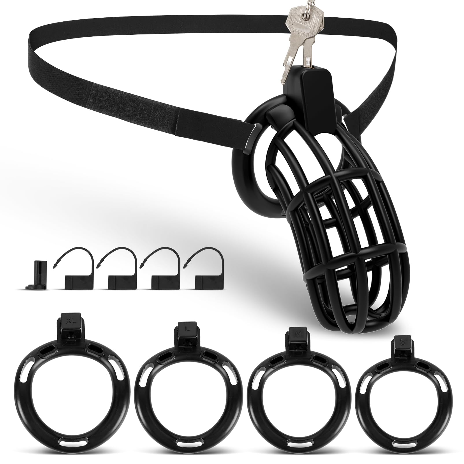 Male Chastity Belt Cock Cage - UTIMI Adjustable Plastic Chastity Strap Devices for Sissy Man 3D Printed Black Penis Bondage Cage Lightweight Adult Sex Toy with 4 Sizes Rings Invisible Lock and Key Black Large