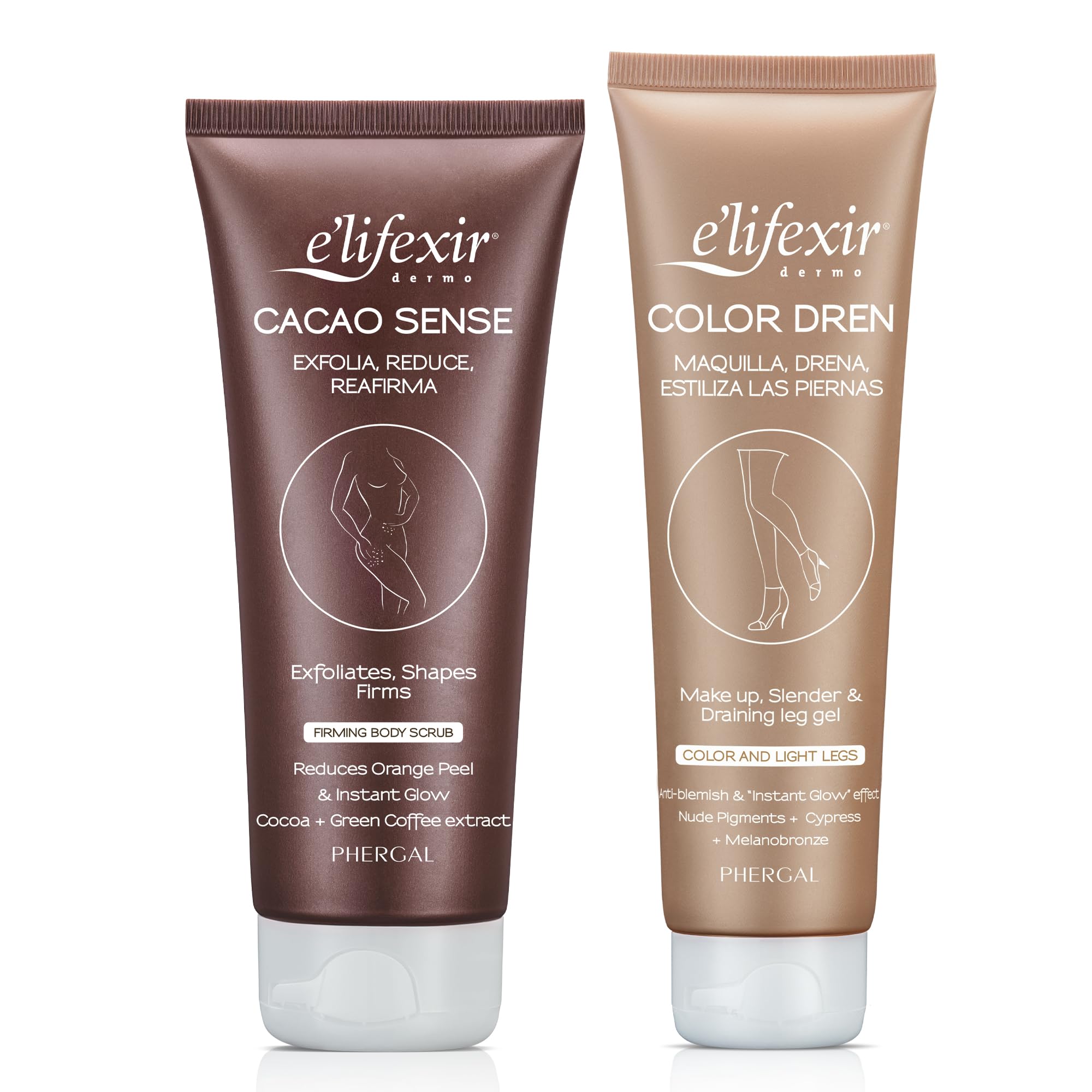 Elifexir Pack Cacao Sense + Color Dren | Exfoliante Corporal, Reductor y Reafirmante + Maquillaje para Piernas