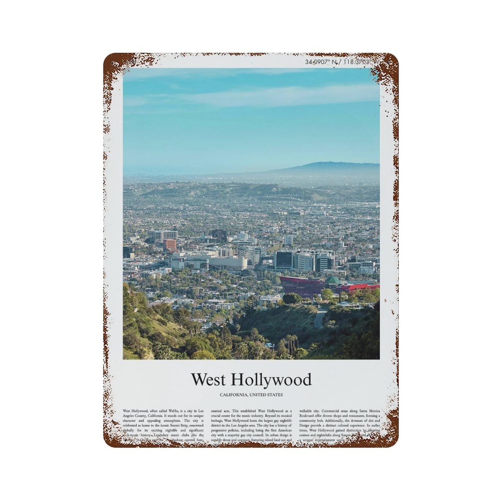 xiaoxiaoshen West Hollywood California, United States, USA City Scenery Wall Decor Art Metal Tin Poster Modern Home Decor Art Home Bar Shop Decorations Vintage Sign 40x30cm