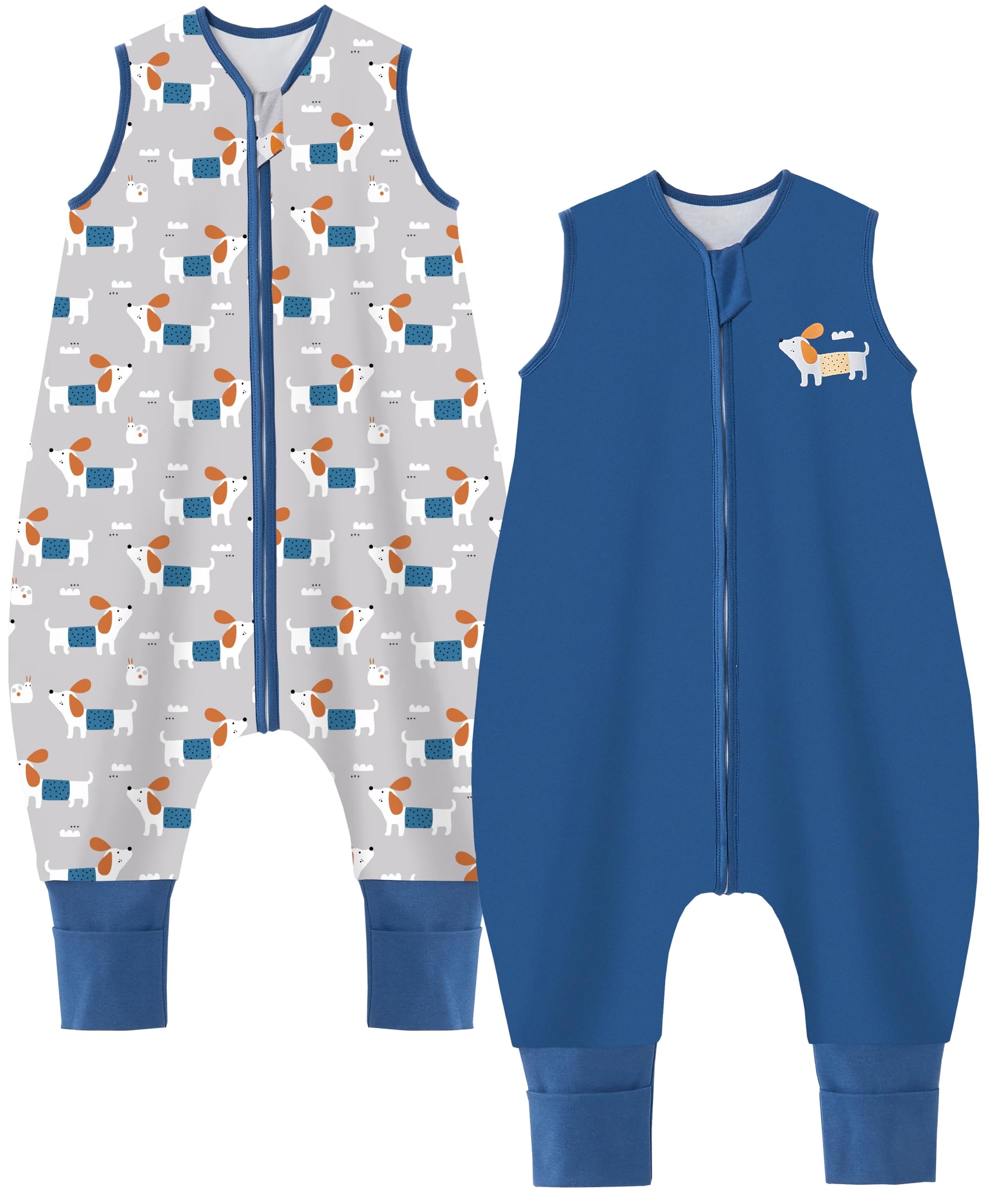 Teechodina Baby Schlafsack mit Füßen 2er Pack 100% Baumwolle 1.5 Tog Kinder Ganzjahres Schlafsack mit Beinen für Jungen Mädchen, 1.5 Tog/Dunkelblau + Welpe, 80cm/Baby Höhe 90-100cm