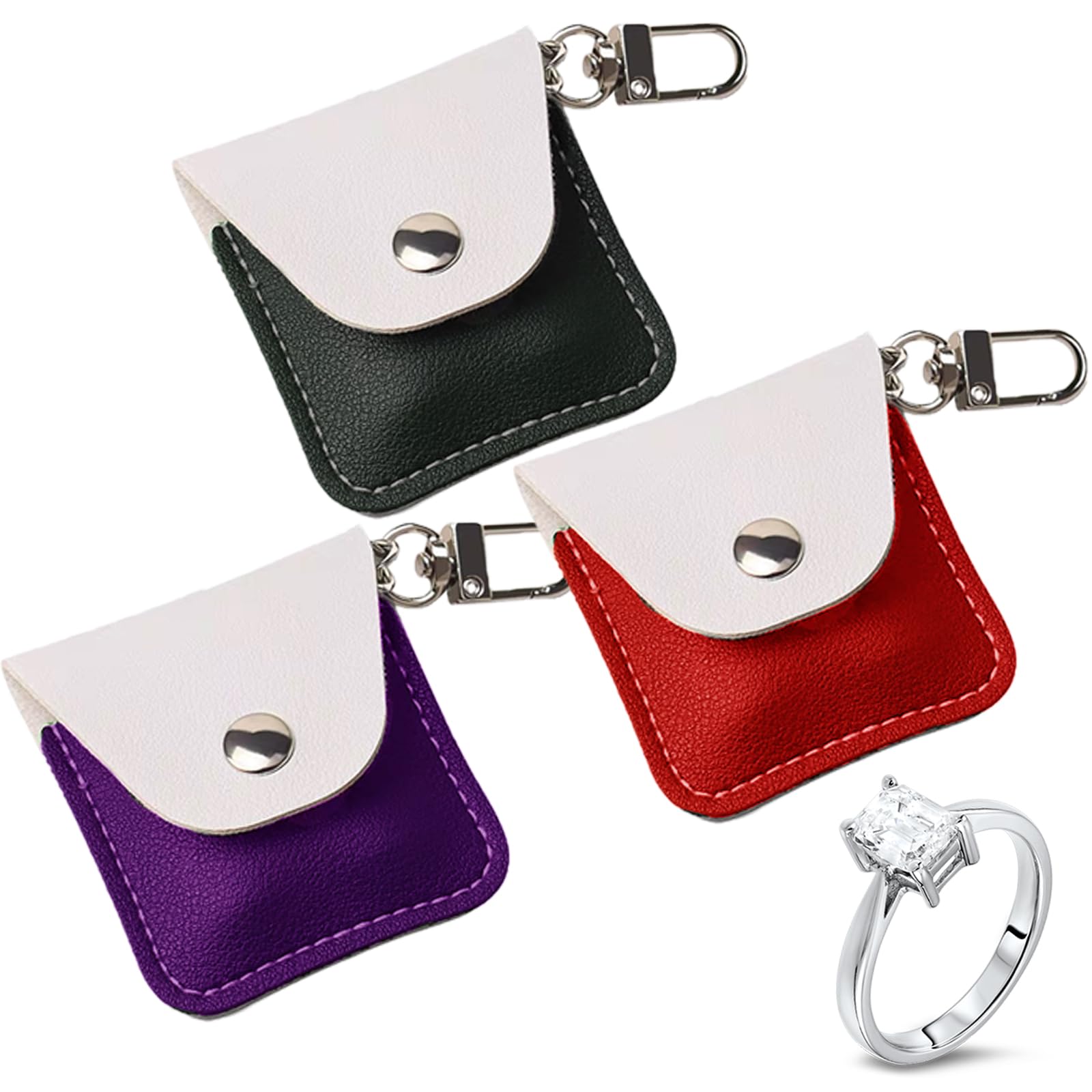 KONIDUN 3-Pack Leather Ring Holder Keychain for Gym, Portable Jewelry Travel Keeper Case for Wedding and Necklaces, Mini Coin Pouch for Women