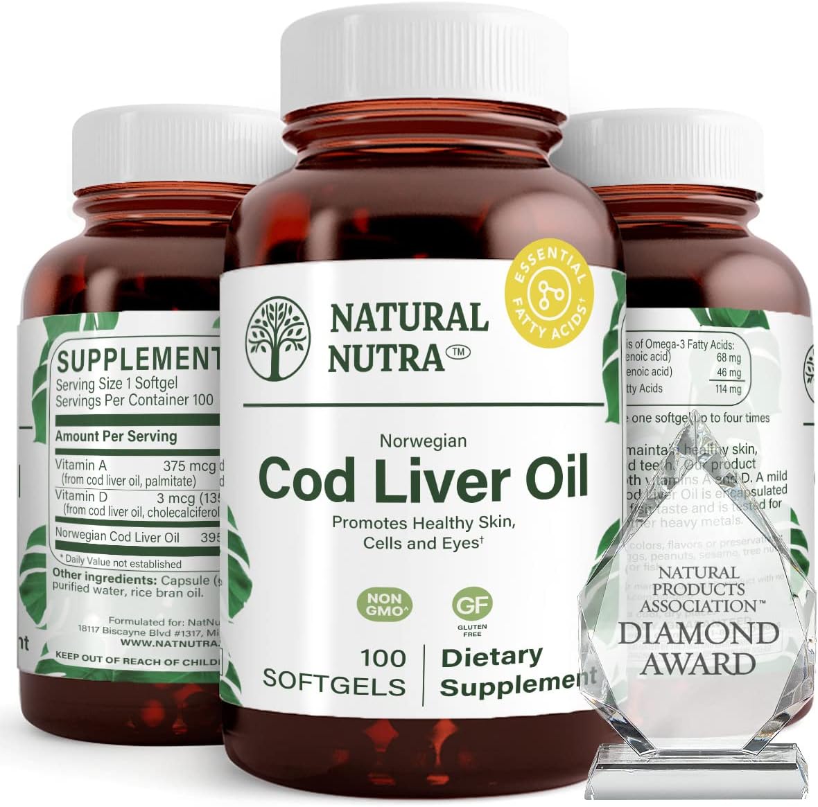 Norwegian Cod Liver Oil Supplement, Helps to Maintain Skin, Helps Maintain Body Density, Eye Health & Nerve Function, Promotes Dental Health, Supports Cardiovascular Health, 100 Softgels