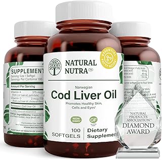 Natural Nutra Norwegian Cod Liver Oil Supplement, Helps to Maintain Skin, Helps Maintain Body Density, Eye Health & Nerve Function, Promotes Dental Health, Supports Cardiovascular Health, 100 Softgels