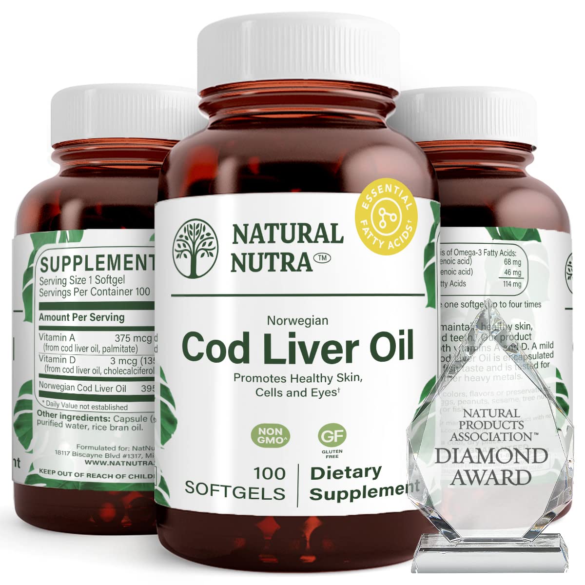 Natural Nutra Norwegian Cod Liver Oil Supplement, Helps to Maintain Skin, Helps Maintain Body Density, Eye Health & Nerve Function, Promotes Dental Health, Supports Cardiovascular Health, 100 Softgels