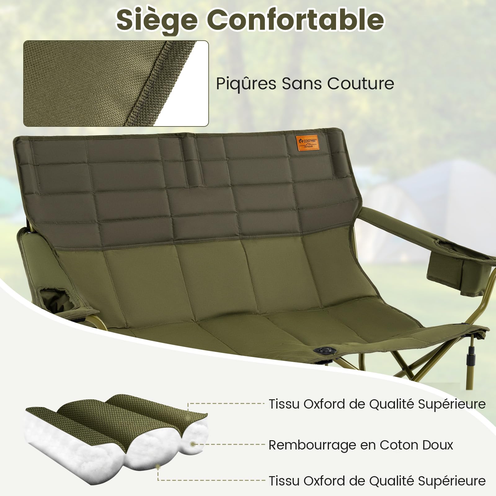 GOPLUS Chaise de Camping Double, Fauteuil de Plage Rembourrée avec Porte-Gobelets, Accoudoirs Réglables, Banc de Camping 2 Places Pliable pour Pêche, Camping, Pique-Nique, Plage, Charge 300KG (Vert)