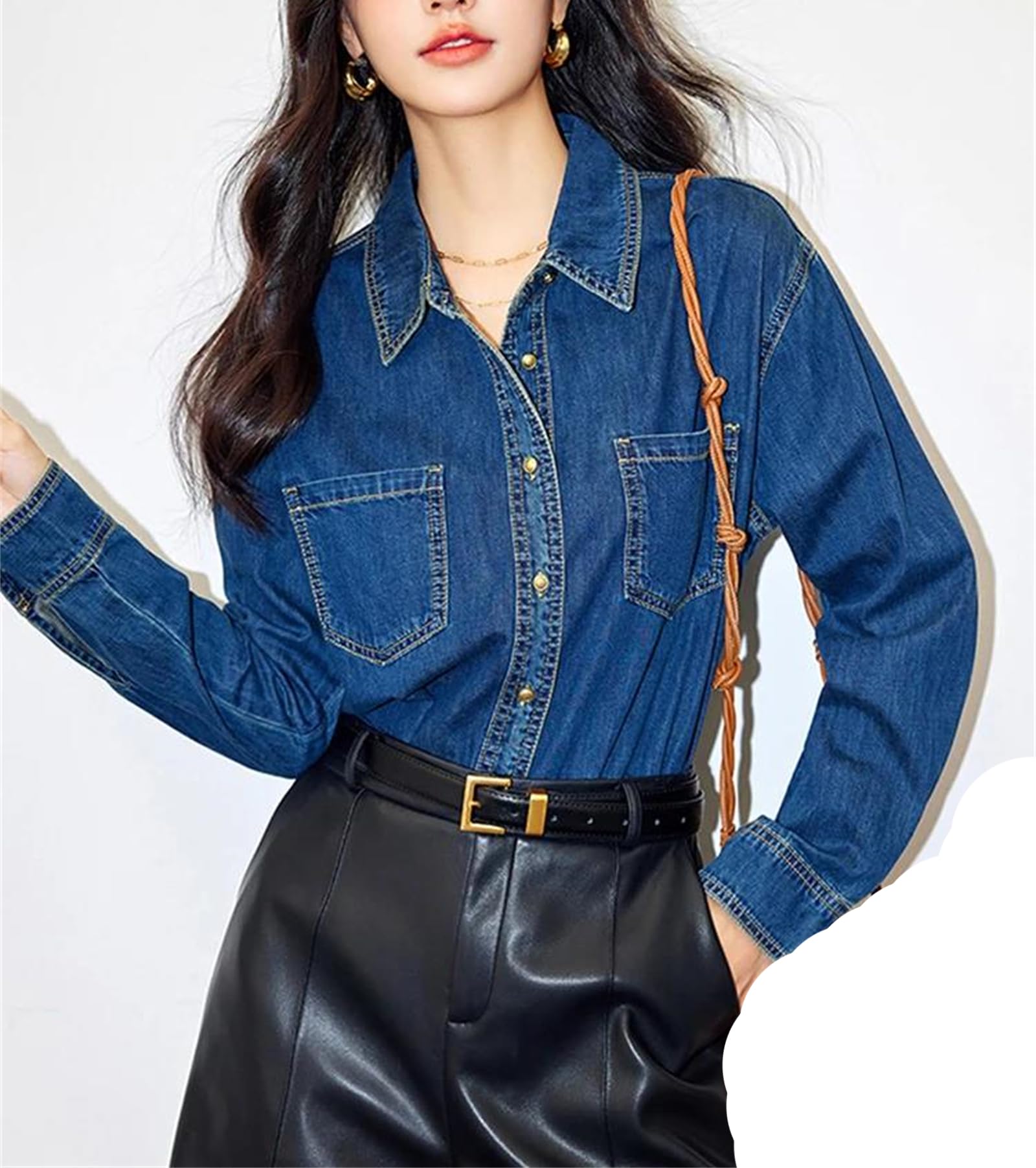 Yeuyyben Camicia da donna in denim a maniche lunghe, alla moda, casual, con colletto rovesciato, camicetta cappotto