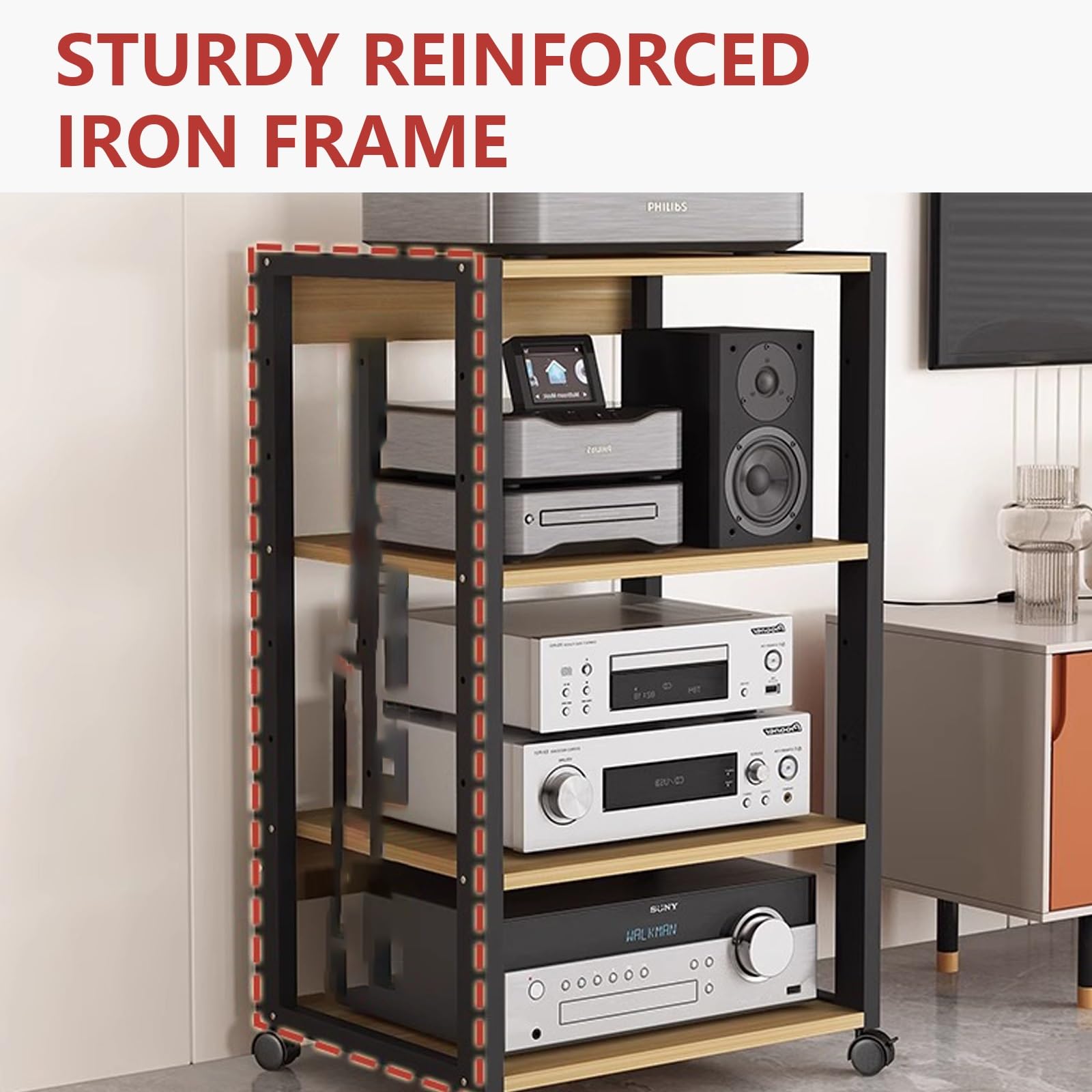 Stojak multimedialny AV z regulacją wysokości, 5-poziomowy stojak stereo i konsola odtwarzacza płyt muzycznych, metalowa rama, wykończenie centrum rozrywki, 50 x 40 x 90 cm