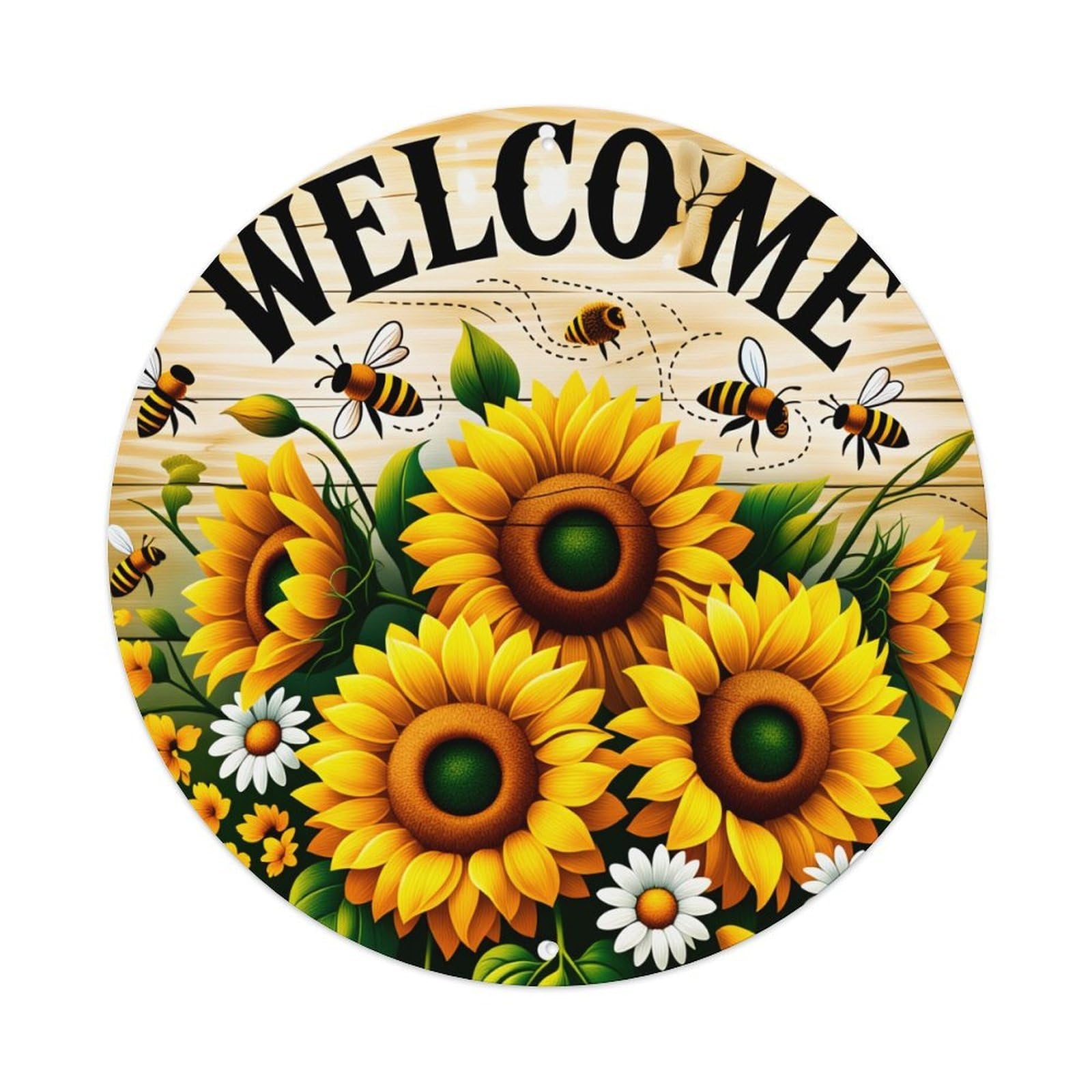 Sunflowers Bees Daisies Welcome Sign Pattern Round Vintage Tin Sign,Retro Wall Art,Metal Poster for Home, Bar, Garage, Cafe, Rustic Indoor & Outdoor Decor, 8x8 Inches