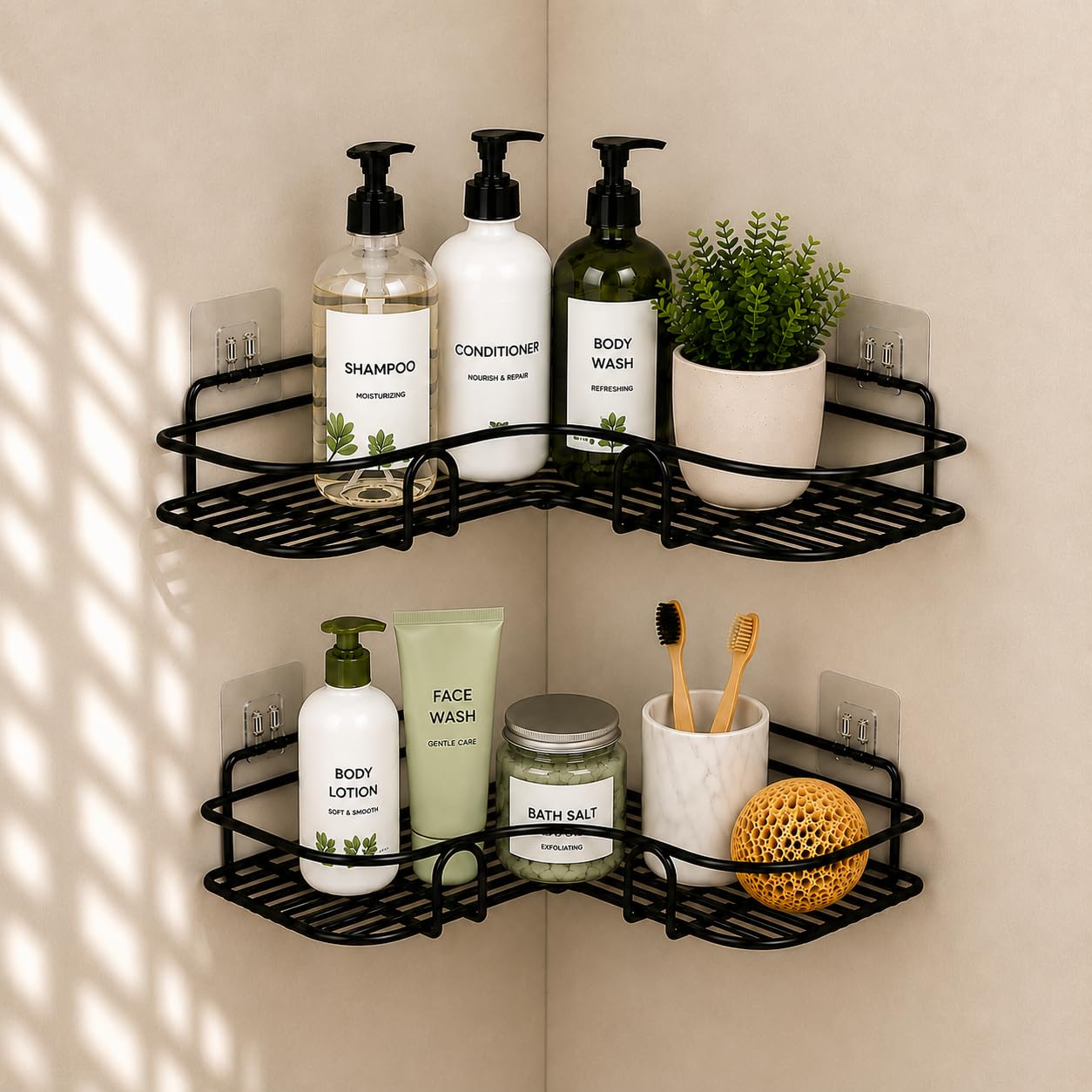 Bathroom Corner Shelf Organiser Without Drill Adhesive, Pack of 2 | Wall-mounted rack for kitchen, washroom & balcony. Quick-drain wire base keeps toiletries dry. Tool-free, damage-free.-picture-30