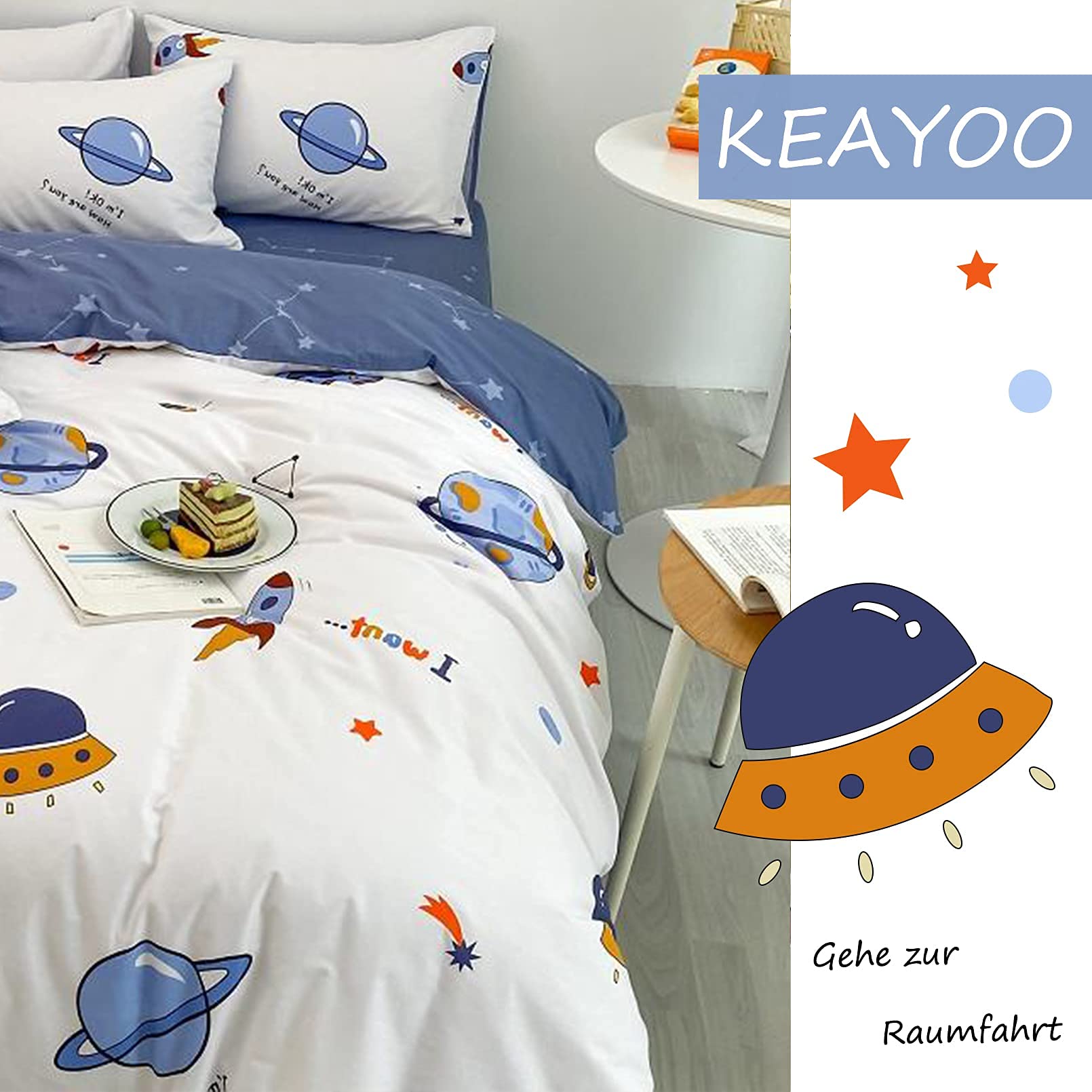 KEAYOO Kinderbettwäsche 135x200 für Jungen und Mädchen Baumwolle Weltraumreisen Thema Besttwäsche mit Süß Muster und Reißverschluss Bettwäsche 135x200cm+80x80cm 2tlg