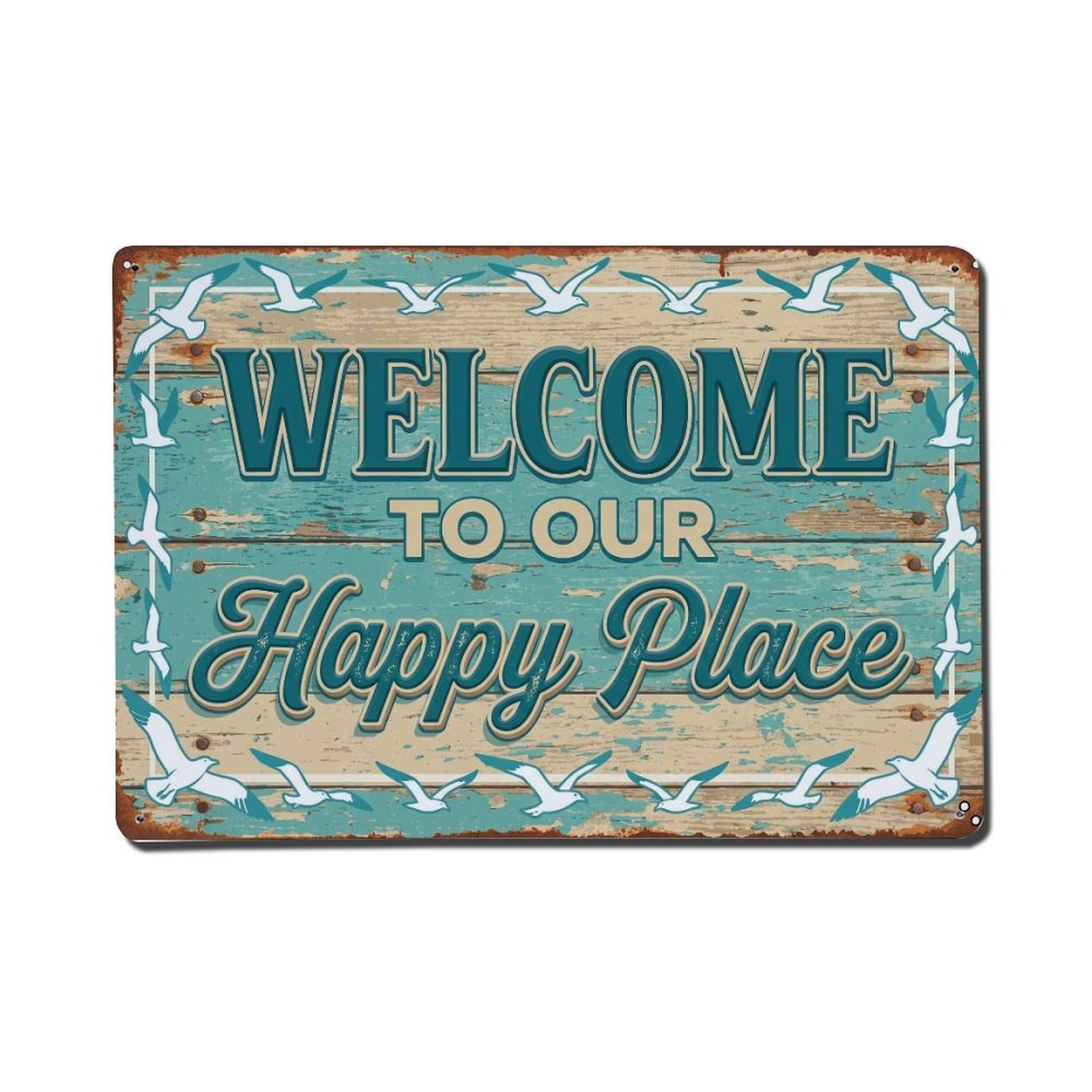 Welcome To Our Happy Place Seaside Pier Metal Tin Sign Plaque Wall Decor for Cafe, Club Bar, Office, Home Garden Metal Poster 8x12Inch