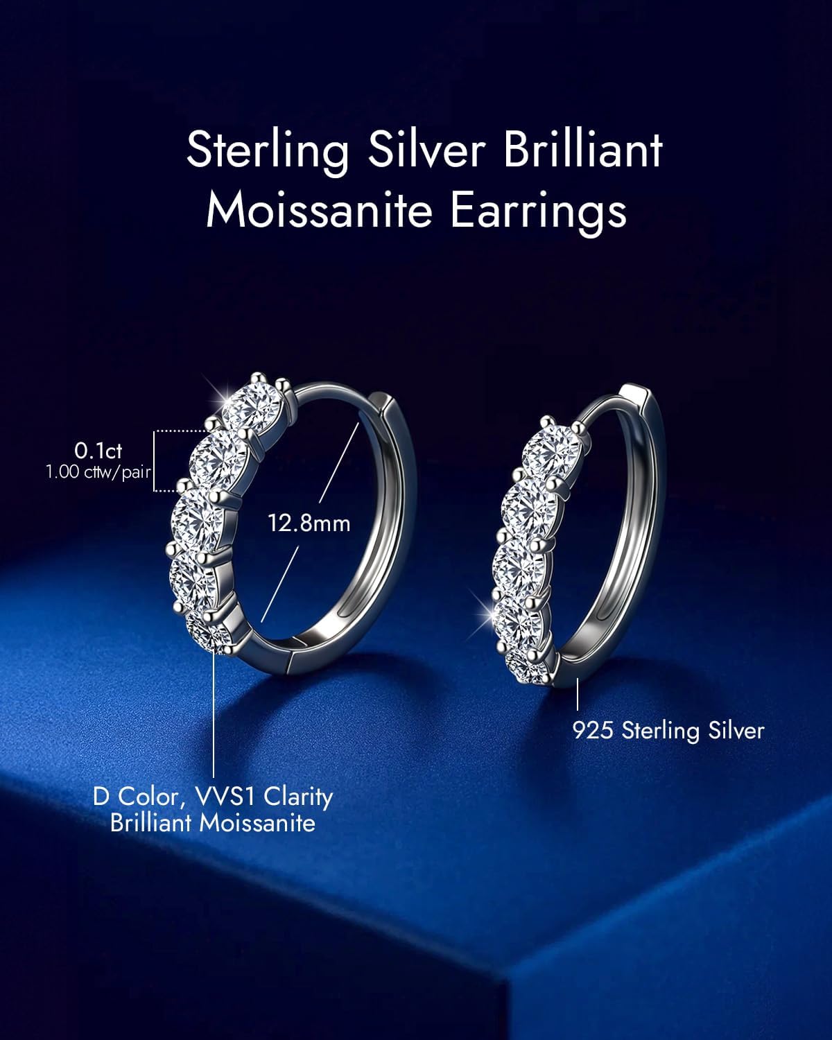Moissanite Hoop Earrings for Women, 18K White Gold Plated 925 Sterling Silver VVS Round Cut Lab Created Diamond Huggie Brilliant Round Cut Earrings Hypoallergenic, Moissanite Jewelry Gifts for Her