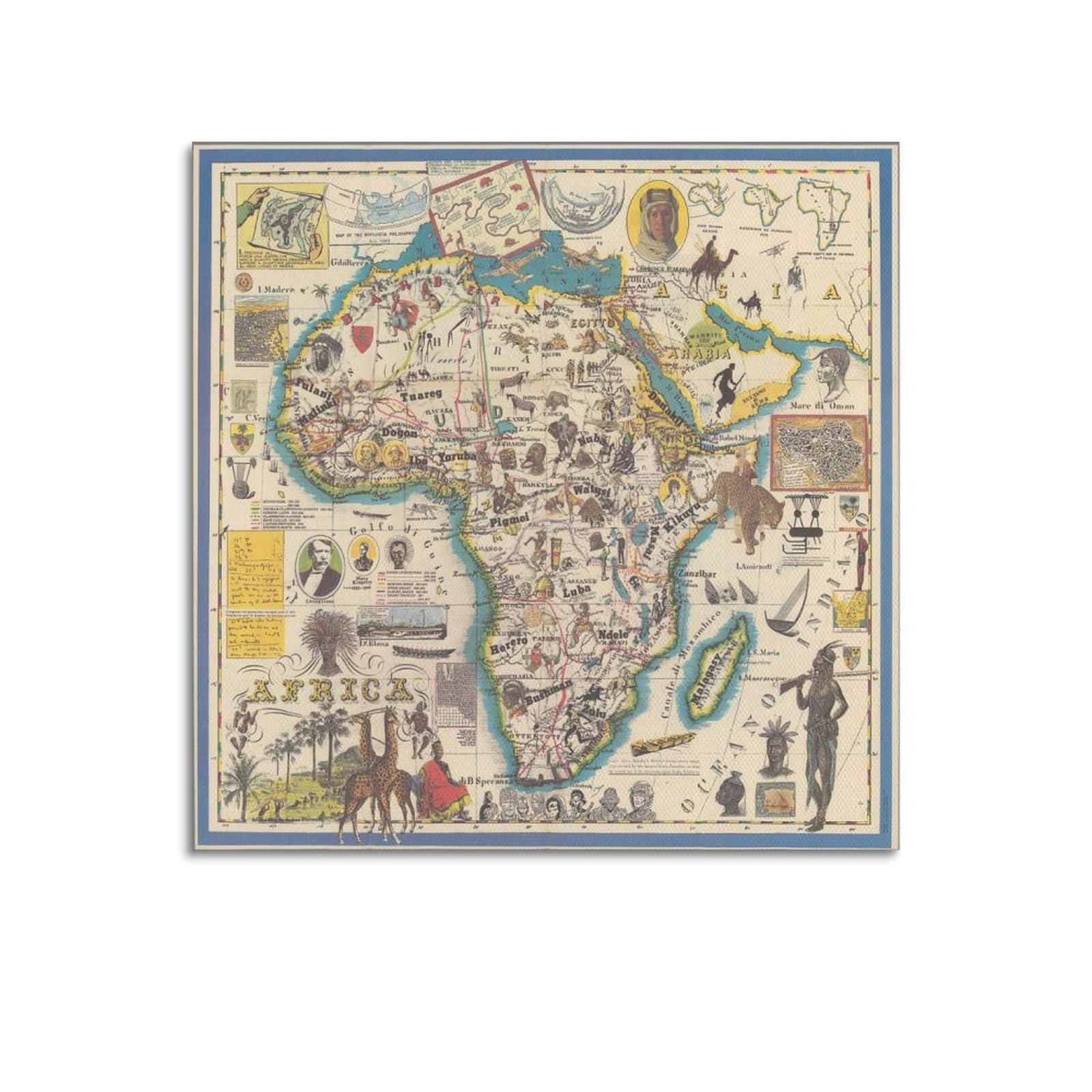 OKAHYS Vintage Travel Poster 1986 African Illustration Map Decorative Painting Canvas Wall Artworks Picture 28x28inch(70x70cm)