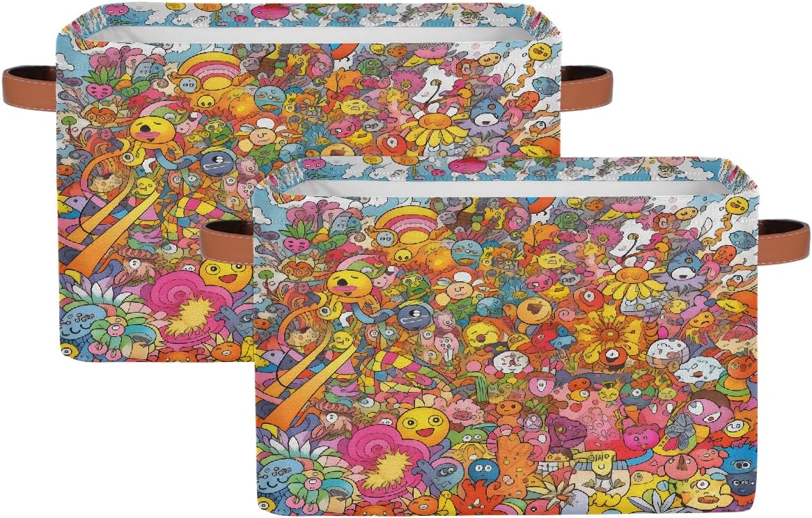 Funny Painted Storage Basket Bin Abstract Cartoon Pattern Storage Cube Box with Handles Large Foldable Toys Organizer Room Decor for Nursery Bedroom, 2 PCS