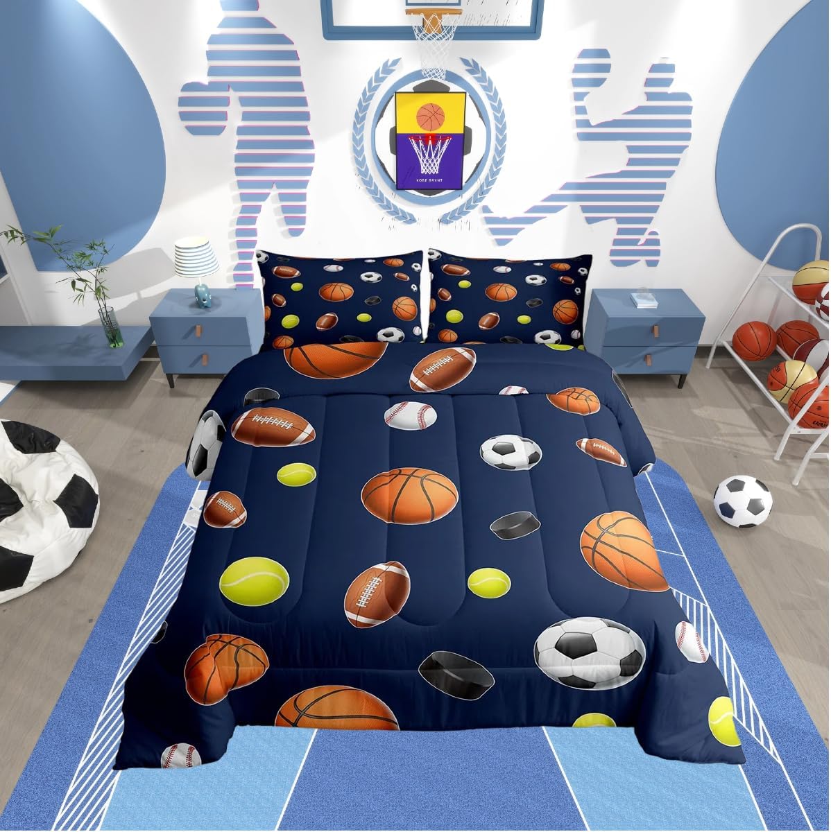 Feelyou Ball Gaming Duvet Quilt Kids Sports Game Bedding Set Twin Size Football Baseball Comforter Set for Women Men Room Decor Breathable Soft Lightweight Microfiber Toddler with 1 Pillow Case