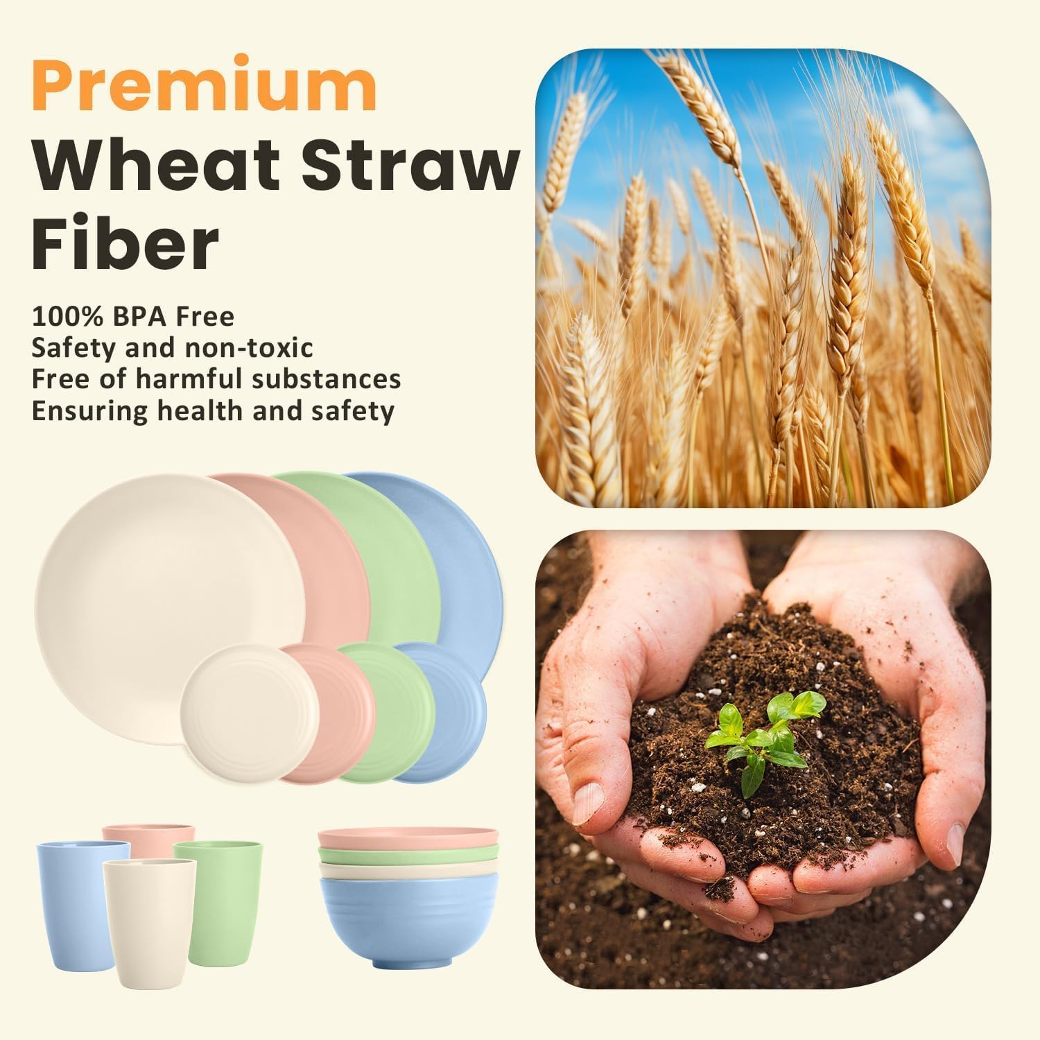 Homienly Premium Dinnerwave Sets, Lightweight & Unbreakable Wheat Straw Dish Set - Plates and Bowls Set with Cups, 16 PCS Microwave and Dishwasher Safe Dinnerware Set - Multi Light