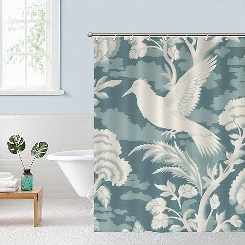 Miniatura 107 de Cortinas de ducha de baño con ganchos, 72 x 92 pulgadas, cortina de ducha de tela impermeable con diseño de flores y pájaros, cortina de ducha