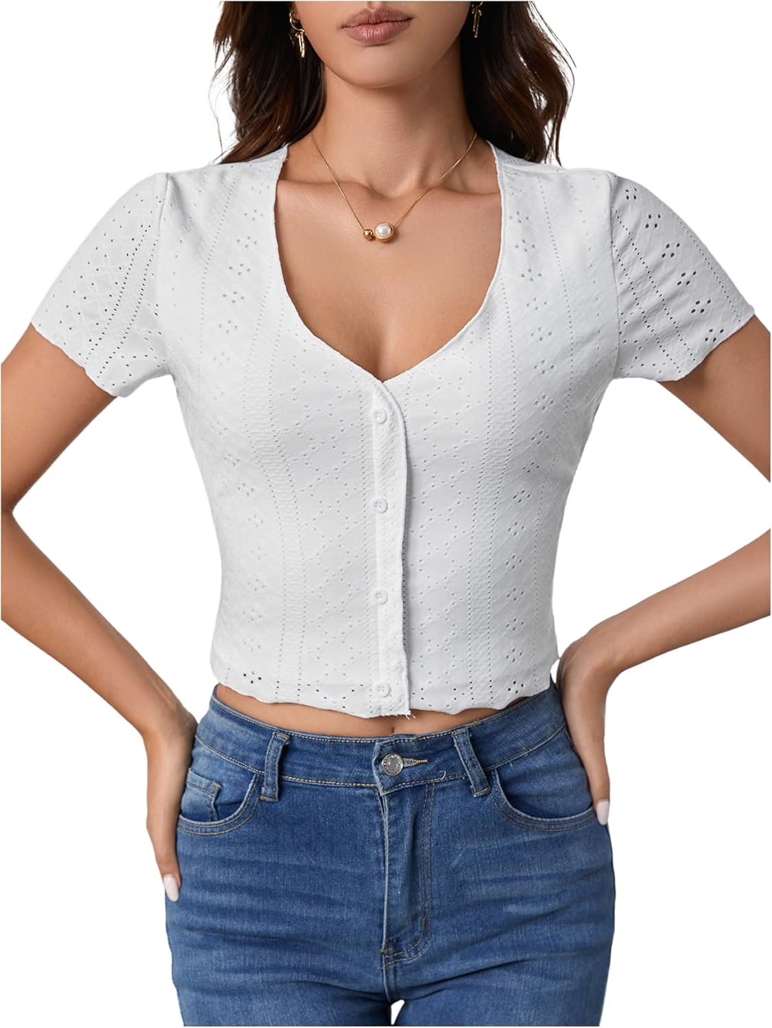 SweatyRocks Women's Crop Eyelet Tops V Neck Lettuce Trim Short Sleeve T Shirts