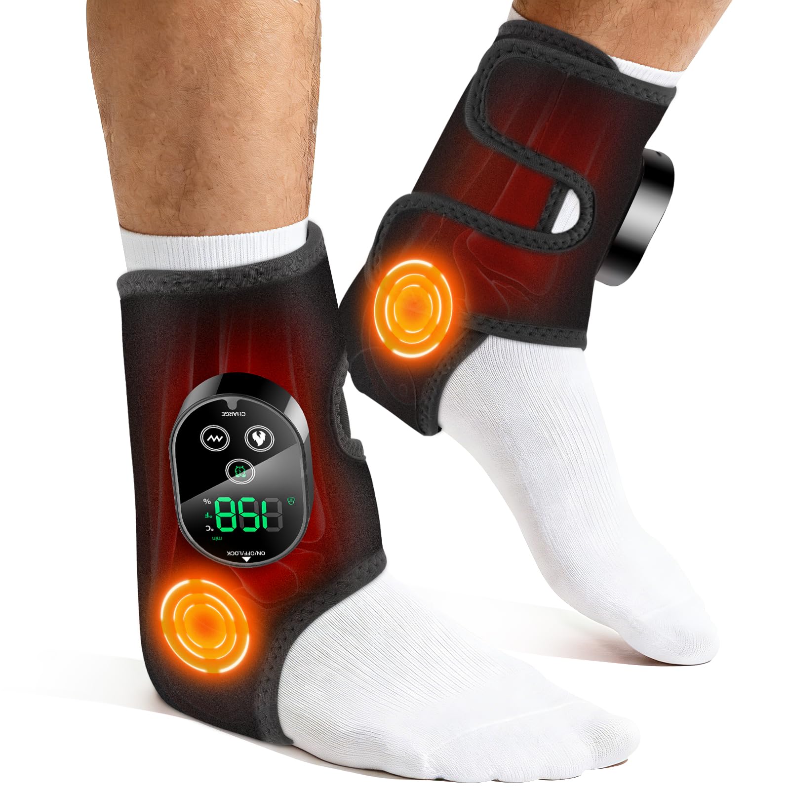 Paquete de 2 almohadillas térmicas inalámbricas para pies y tobillo, masajeador de tobillo para aliviar el dolor, 6 niveles de calor y 3 modos de vibración, masajeador de pies, envoltura de