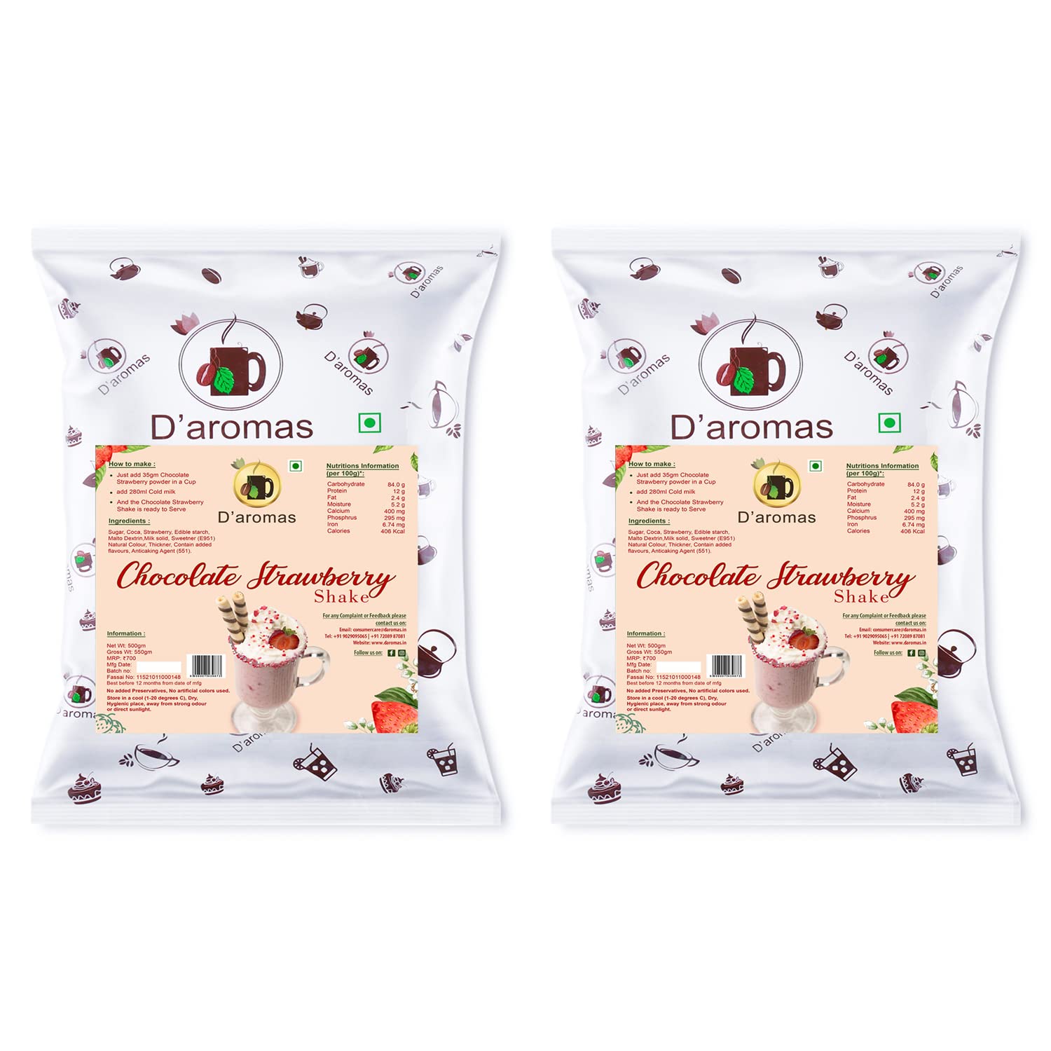 D'aromas Chocolate Strawberry Shake Premix, Instant Milkshake Powder - 1kg, Ideal for Parties, Wedding, Café, Restaurant