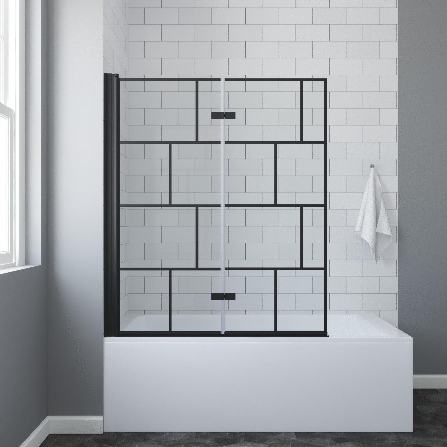 Mampara de ducha para bañera plegable negra de 2 piezas y 120x140 cm sin taladrar
