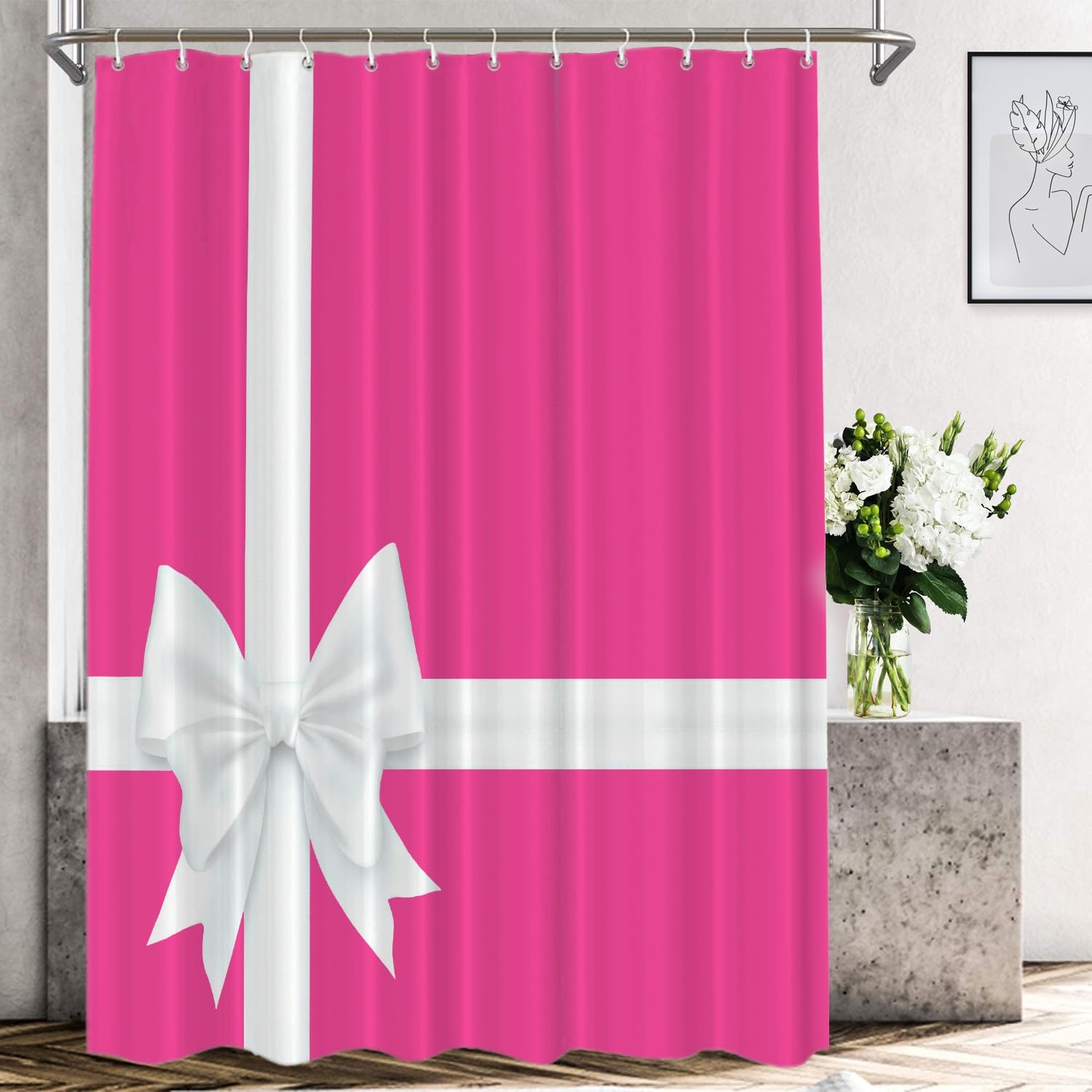 Shrahala Hot Pink Decorative Shower Curtain, Magenta with White Bow Bathroom Décor Polyester Fiber Waterproof with Plastic Rings for Shower Stall Bathtubs 72 X 72 in