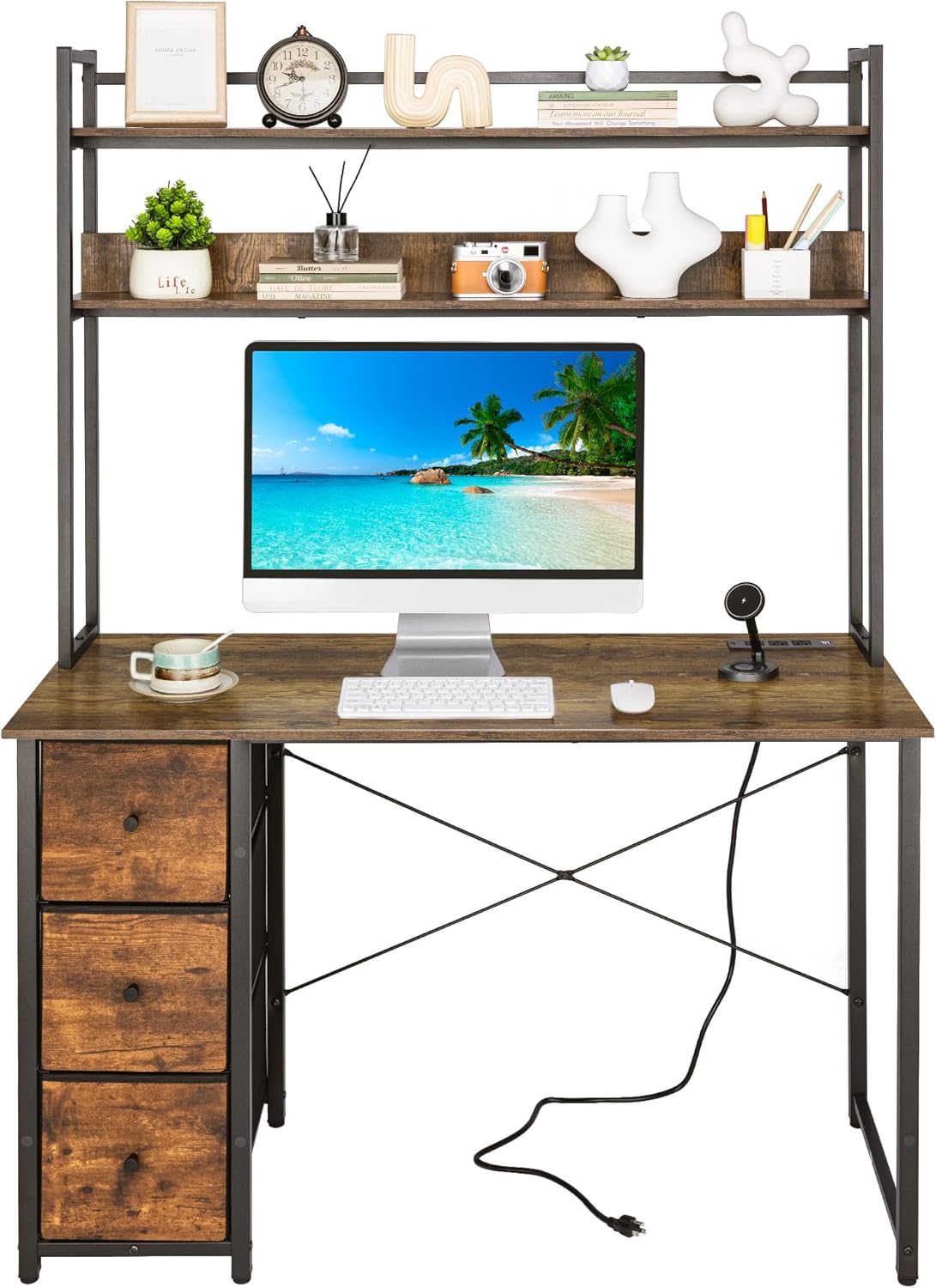 Aquzee Computer Desk with Drawers, 47 inch Desk Hutch, Gaming Desk with Storage Shelves, Power Outlets & Bookshelves, Study Writing Desks for Bedroom Living Room Home Office, Rustic Brown