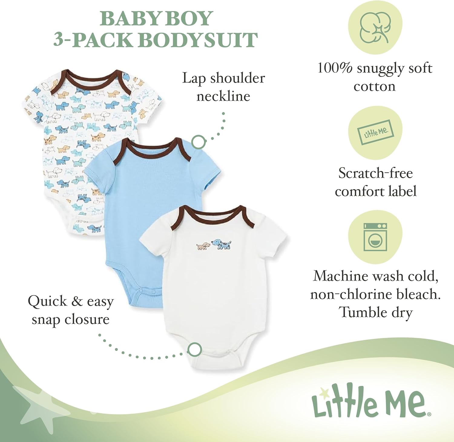Little Me Clothes for Baby 3-Pack 100% Cotton Scratch Free Tag Bodysuits, Newborn to 9 Months - Image 3