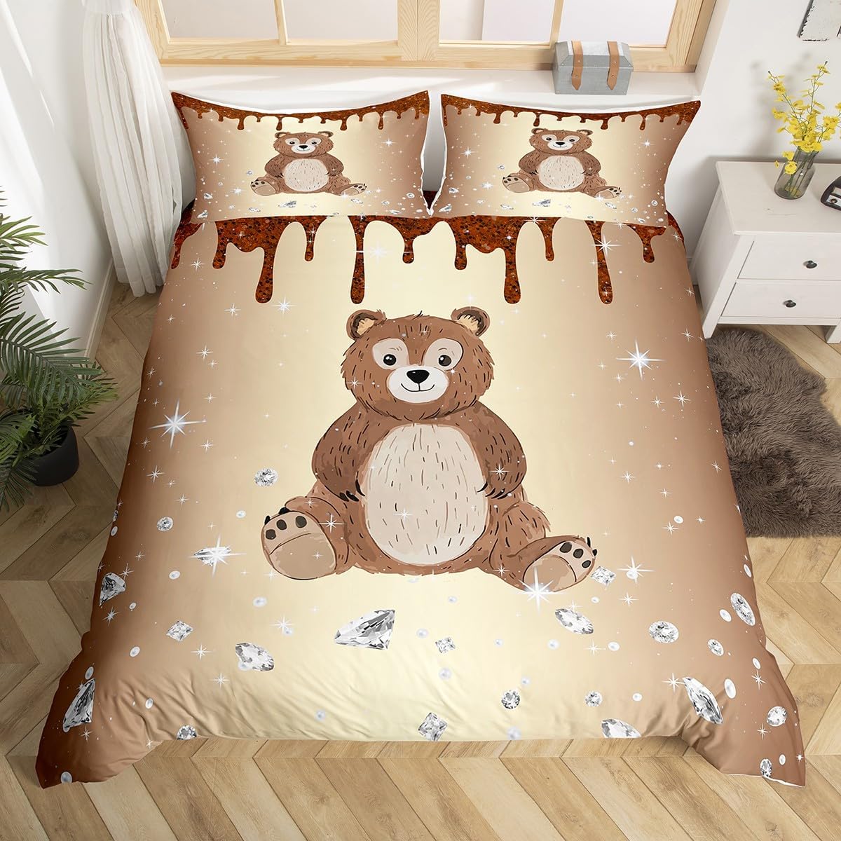 Manfei Cartoon Bear Duvet Cover Set Toddler Size,Lovely Wild Animal Starry Gradient Bedding Set,Shining Diamond Brown Sequins Sparkling Print Comforter Cover(No Filler) for Kids,2 Pcs
