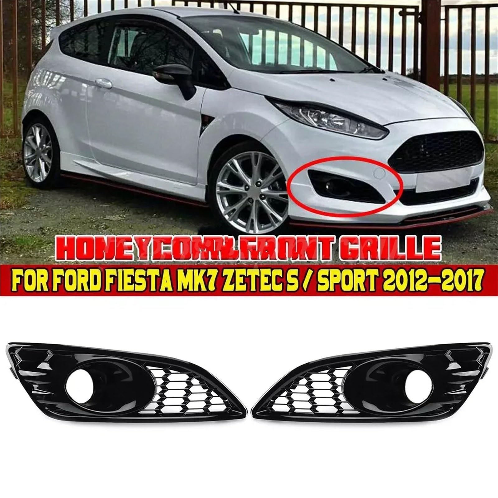 2 SZTUK Siatka Plaster Miodu Samochodowy Przedni Zderzak Przeciwmgielny Dolna Kratka Pasuje Do Forda Fiesty MK7 Zetec S/Sport 2012-2017(Gloss Black)