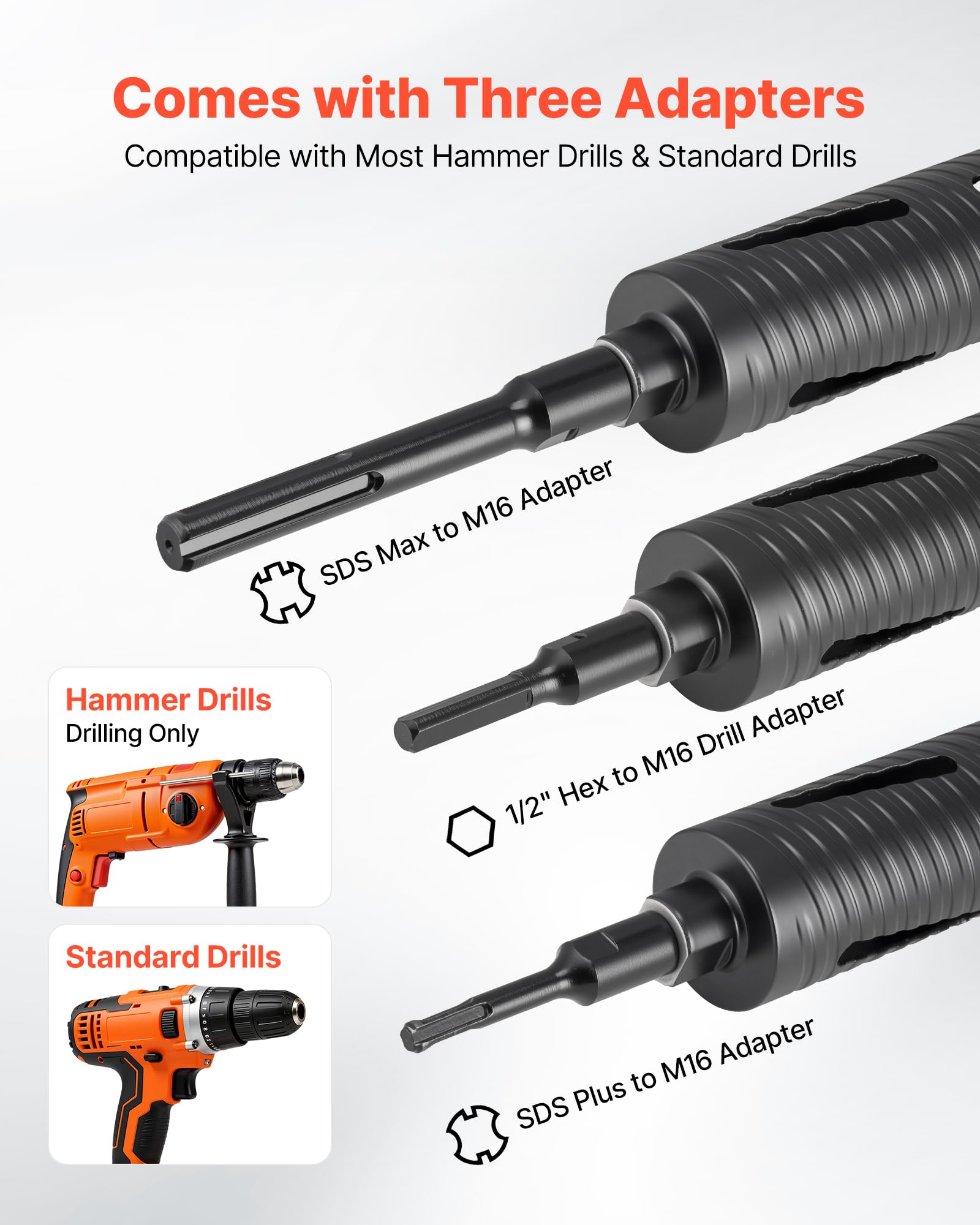 VEVOR Punte per Muratura Diametro 64 mm, Profondità di Foratura 241 mm, Filettatura Interna M16, Punta Carotatrice Diamantata a Secco con 3 Adattatori, Chiave Esagonale per Cemento Armato
