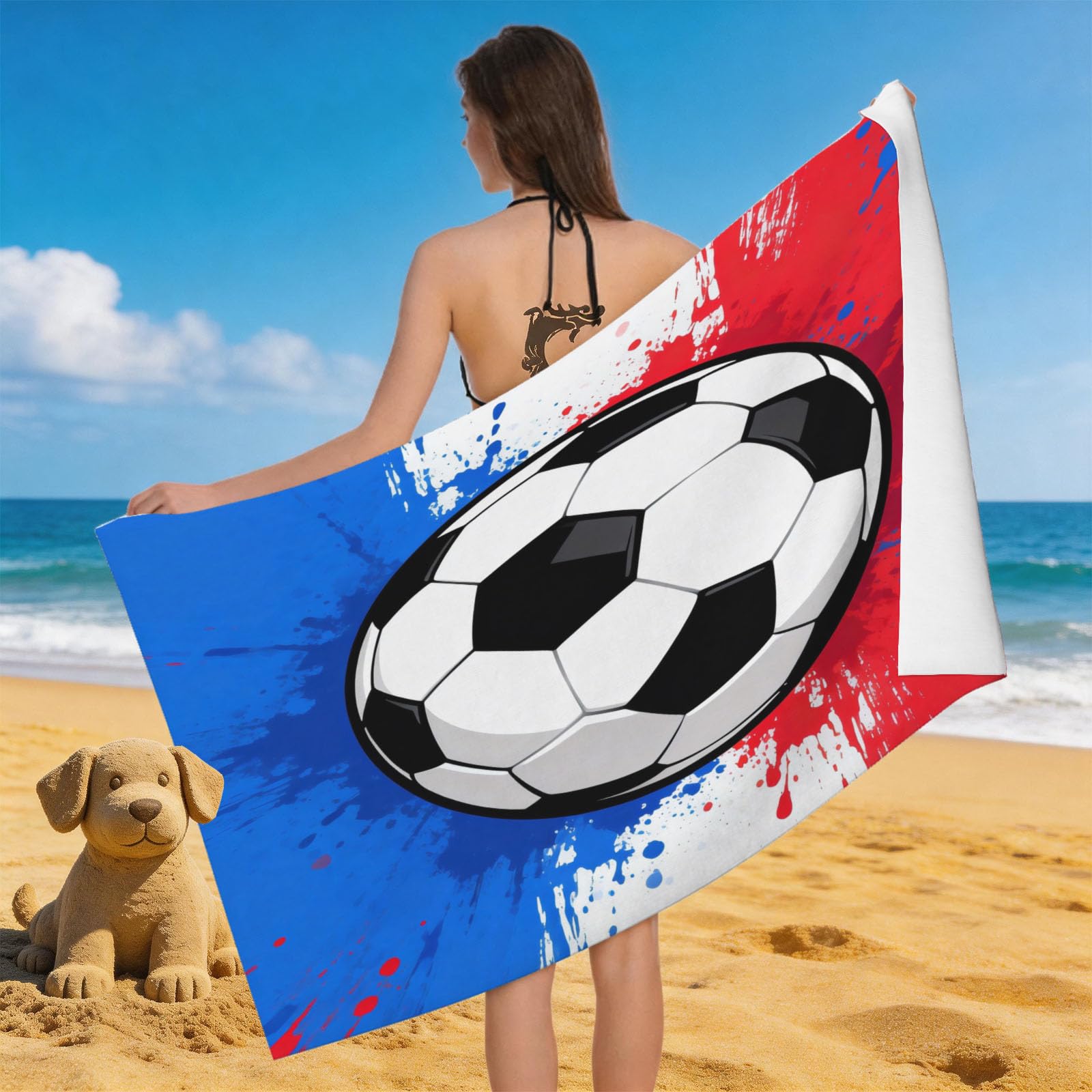 Leichong 3D Soccer Illustration Beach Towel Large Microfiber Soft Quick Dry for Adults, Sports Theme Bath Towel Lightweight Soft Absorbent for Travel Swimming Pool Sports, 180 x 90 cm