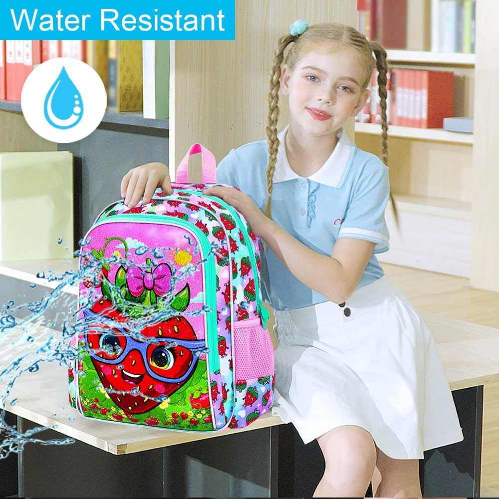 KLFVB 3PCS Strawberry Backpack for Girls, Water Resistant Kids Bookbag with Lunch Box, 16" Preschool Backpacks for Elementary - Strawberry Pink - Image 6