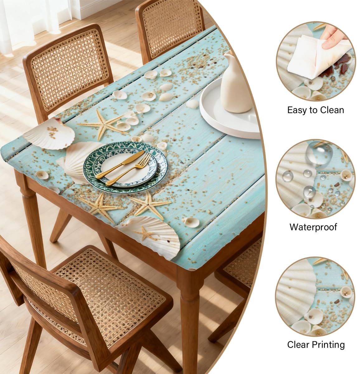 Pardick Teal Beach Coastal Rectangle Fitted Tablecloth 5ft Rectangle Table Cover with Elastic Edge Wipeable Outdoor Table Cloths for Kitchen Dining Party Outdoor Picnic Holiday Decor 60" L X 30" W
