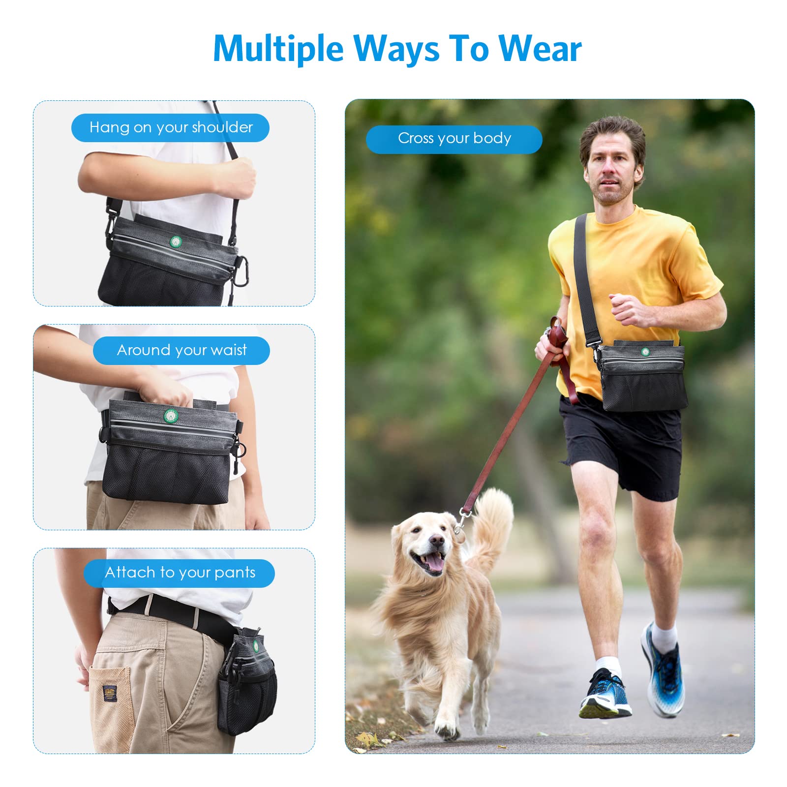 Brifit,Bolsa de entrenamiento para perros con cierre magnético, correas de transporte acolchadas integradas, dispensador de bolsas de excrementos para perros (1 rollo de bolsa de basura)