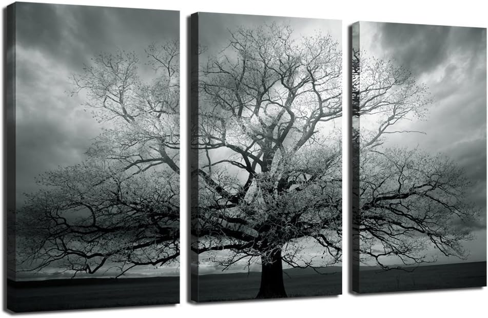 sechars - Large 3 Panel Tree Picture Wall Art Dark Forest Landscape Canvas Prints Tree of Life Painting for Living Room Home Office Decor