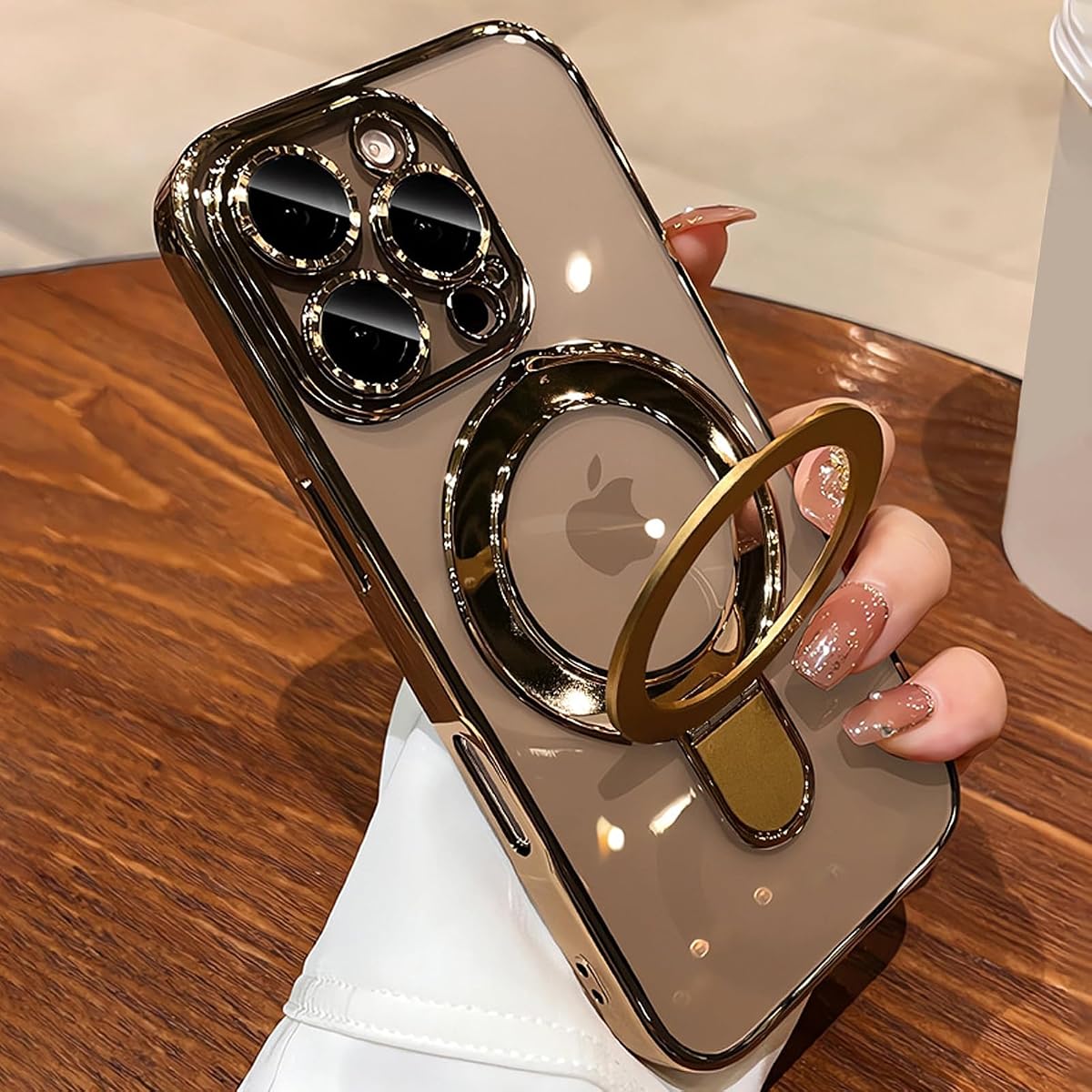 Magnetic Case for iPhone 15 Pro Max with Invisible Stand Built-in Camera Lens Protector Shockproof[Military Drop Protection] Soft TPU for iPhone 15 Pro Max case 6.7",Gold