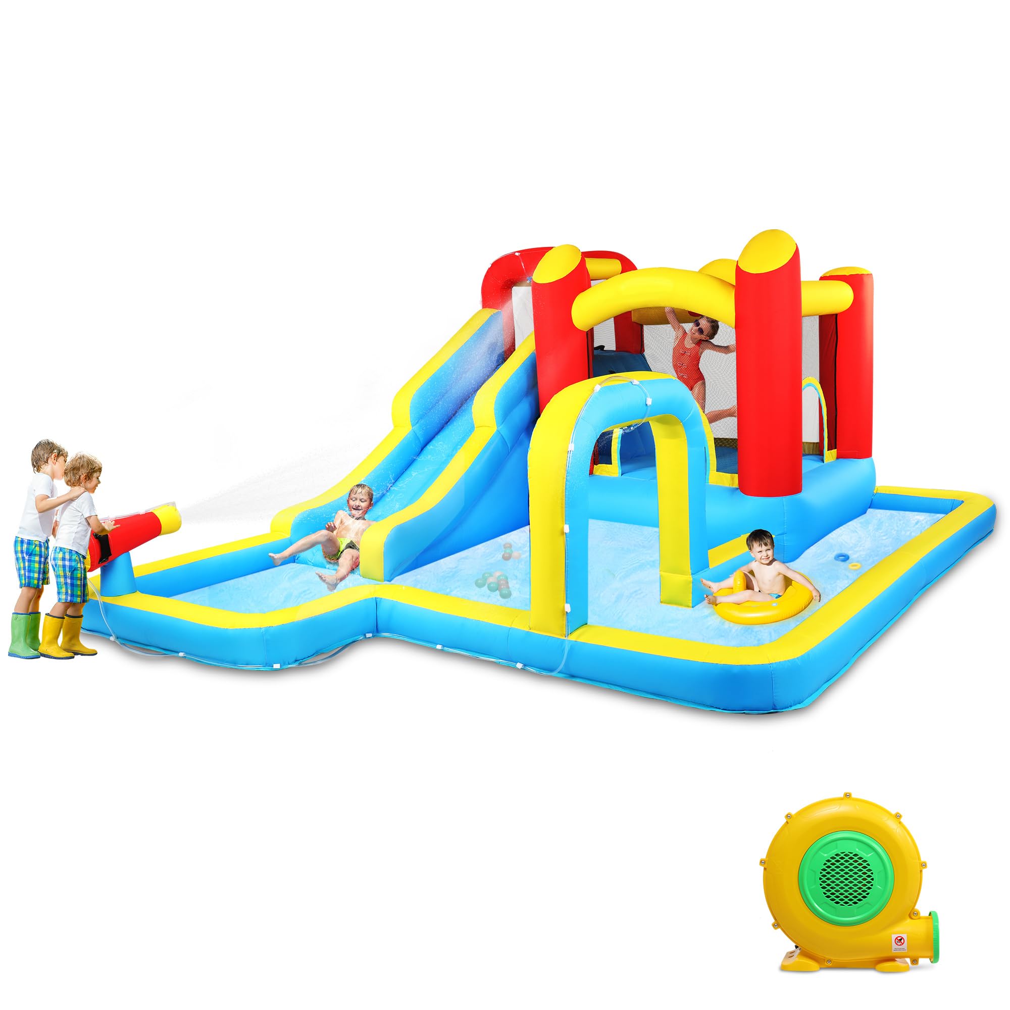 LEADZM Hüpfburg mit Gebläse, Großer Hüpfburg Kinder mit Trocken oder Wasserrutsche, Kletterwand, Schwimmbad, Geeignet für 3 Kinder von 3–10 Jahren, 465 x 365 x 195 cm