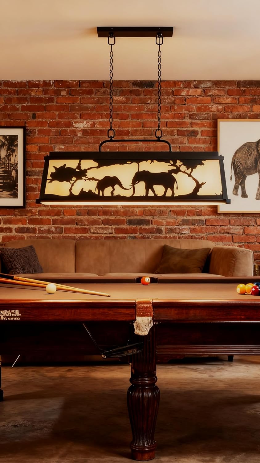 43" Elephant Pool Table Light for Game Room, Black Linear Pendant Lighting with African Wildlife Silhouette, Rustic Metal & Acrylic Island Chandelier for Billiard Table, Bar, Kitchen, E26 Base