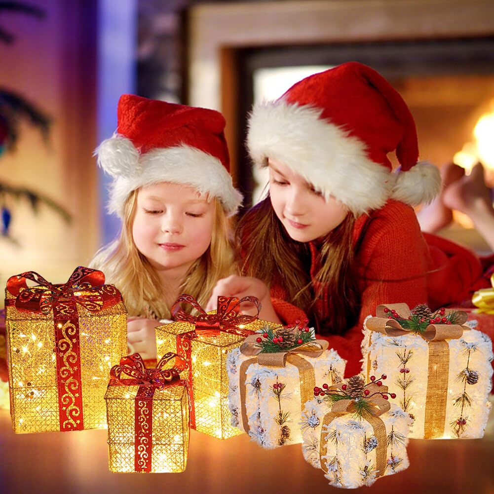 Scatole regalo natalizie illuminate, decorazioni con fiocchi di neve, scatola regalo con fiocco, scatola regalo con stringa per lampada, ornamento per albero di Natale, decorazione per interni ed