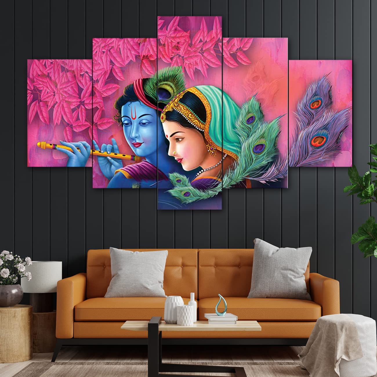 perpetual Radha Krishna Paintings for Wall Decoration - Set Of Five, 3d Scenery Vastu Painting for Living Room Large Size with Frames for Home Decoration, Hotel, Office (75 CM X 43 CM) K5D