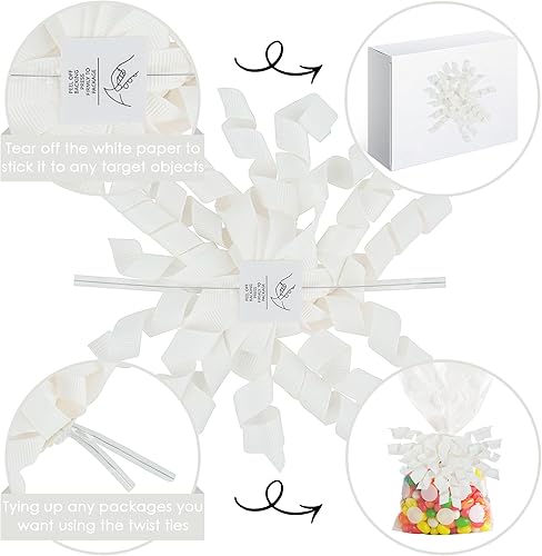 Miniatura 3 de AIMUDI Lazos rizados blancos de 4 pulgadas, lazos de cinta rizada autoadhesivos para envolver regalos, cinta de grogrén, lazos para bolsas de