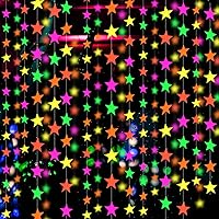 Vista 12 de Guirnalda de Papel Neón de 110 pies, Serpentinas Neón, Estrella Perforada, Decoraciones Neón de Luz Negra que Brillan para Fiestas, Reactivas a UV