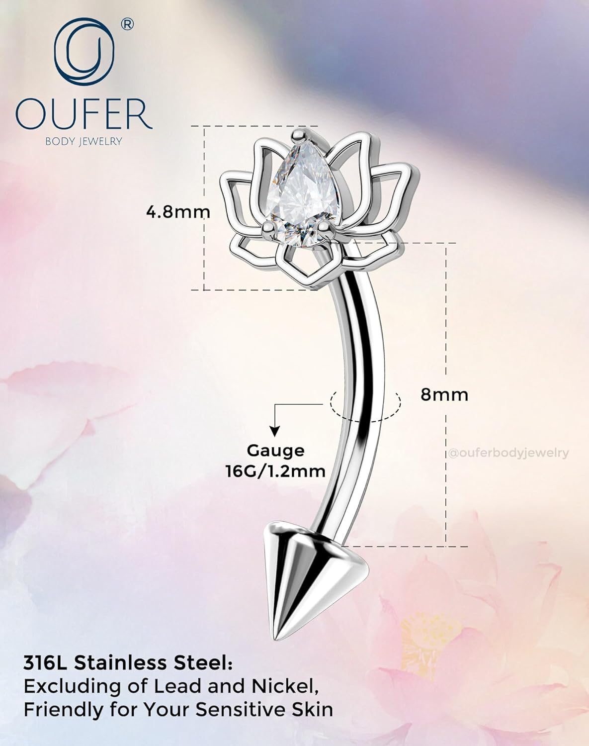 OUFER 16G Rook Piercing Jewelry, Lotus Eyebrow Earrings, 316L Surgical Steel Rook Earrings, Curved Barbell Lip Rings, Helix Cartilage Piercing Jewelry for Women - Image 6