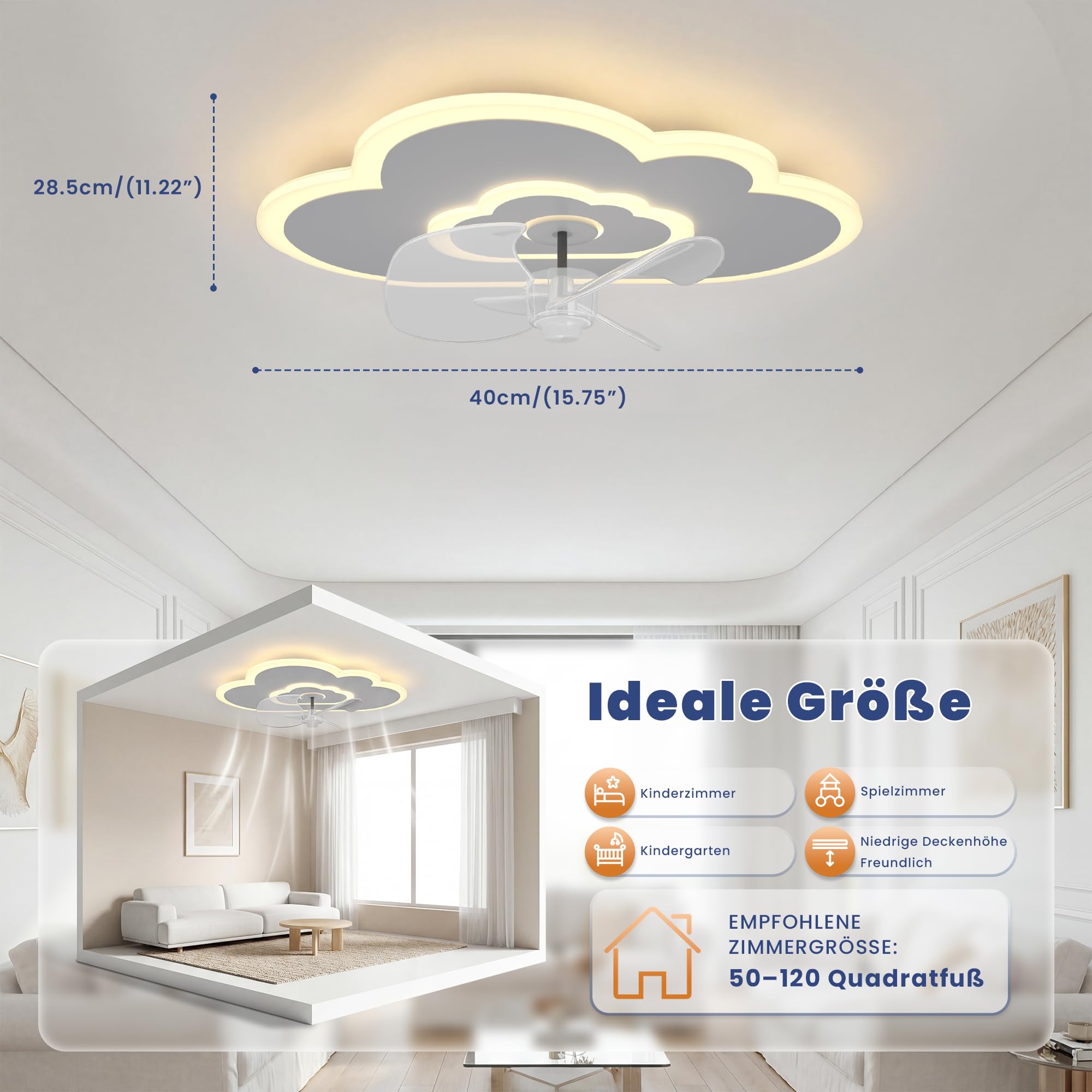 Deckenventilator Mit Beleuchtung LED Wolke Deckenleuchte mit Ventilator 6 Geschwindigkeiten,Fernbedienung Leise Dimmbar Ventilator Deckenlampe für Schlafzimmer Kinderzimmer 50W 50CM