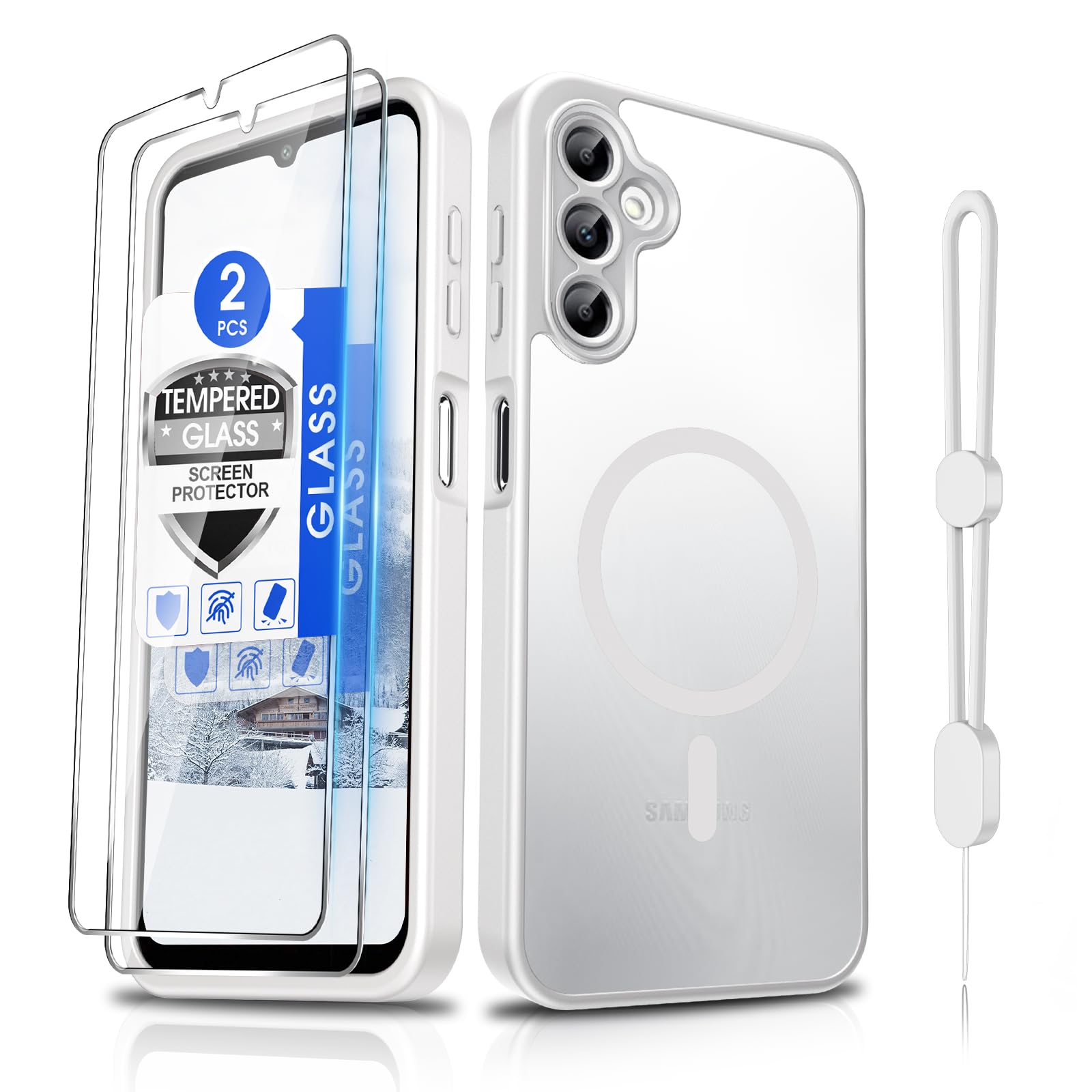 Dizn for Samsung Galaxy A14 Phone Case: with Tempered Glass Screen Protector [Compatible with MagSafe] with Strap, Matte Cover &amp; Military Grade Shockproof Protective A14, Funda para A14,White