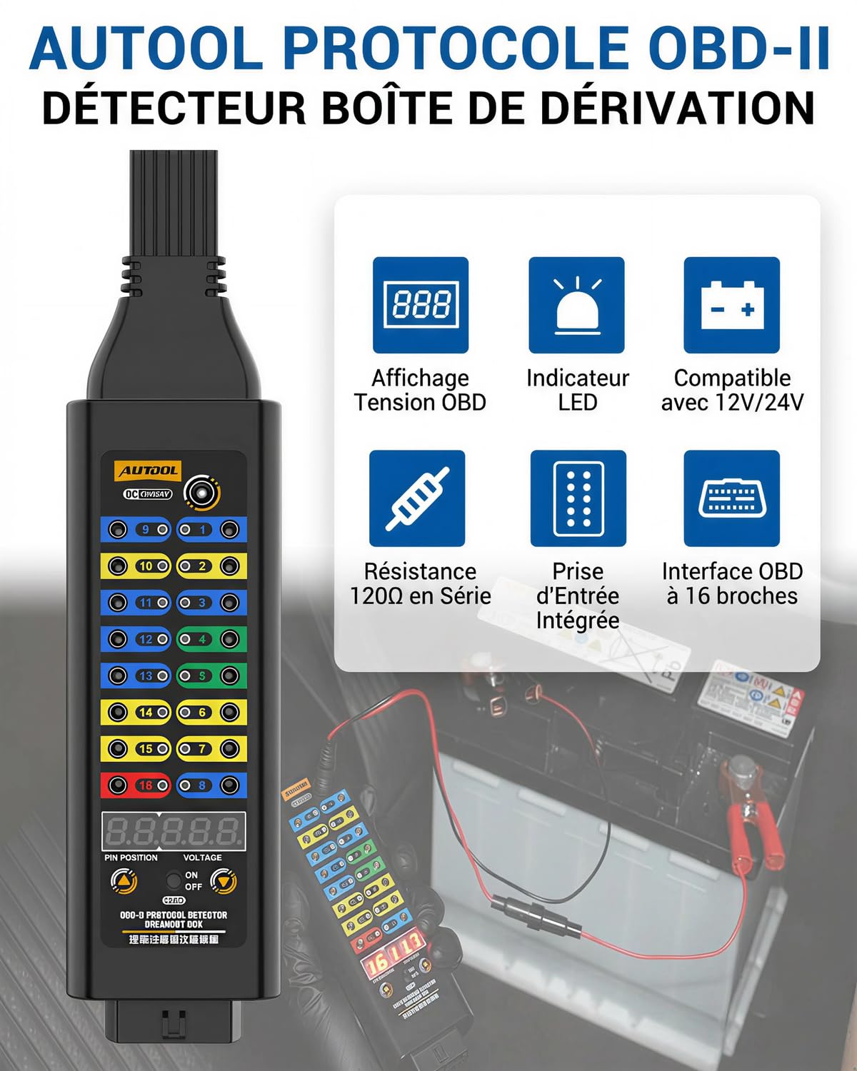 Boîtier de Dérivation OBD2 avec Mode Série 120Ω, Affichage de la Tension, Connecteur à 16 Broches, Voyant LED, pour Scanner/Multimètre pour Test de Diagnostic électrique Automobile