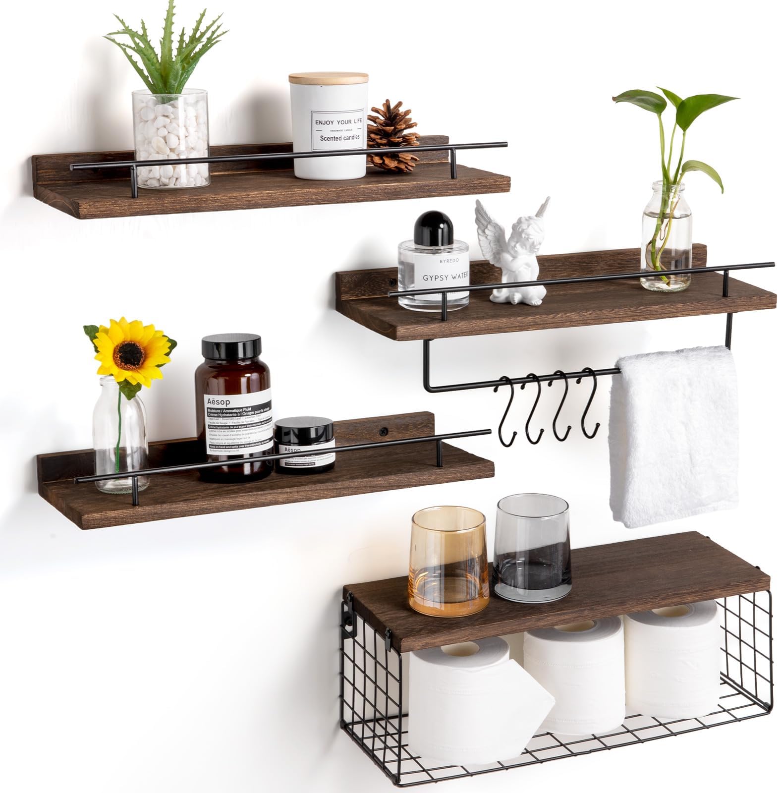 HomeDepal Towel Racks for Bathroom with 2Tier Wood Shelf, Bathroom Shelves Wall