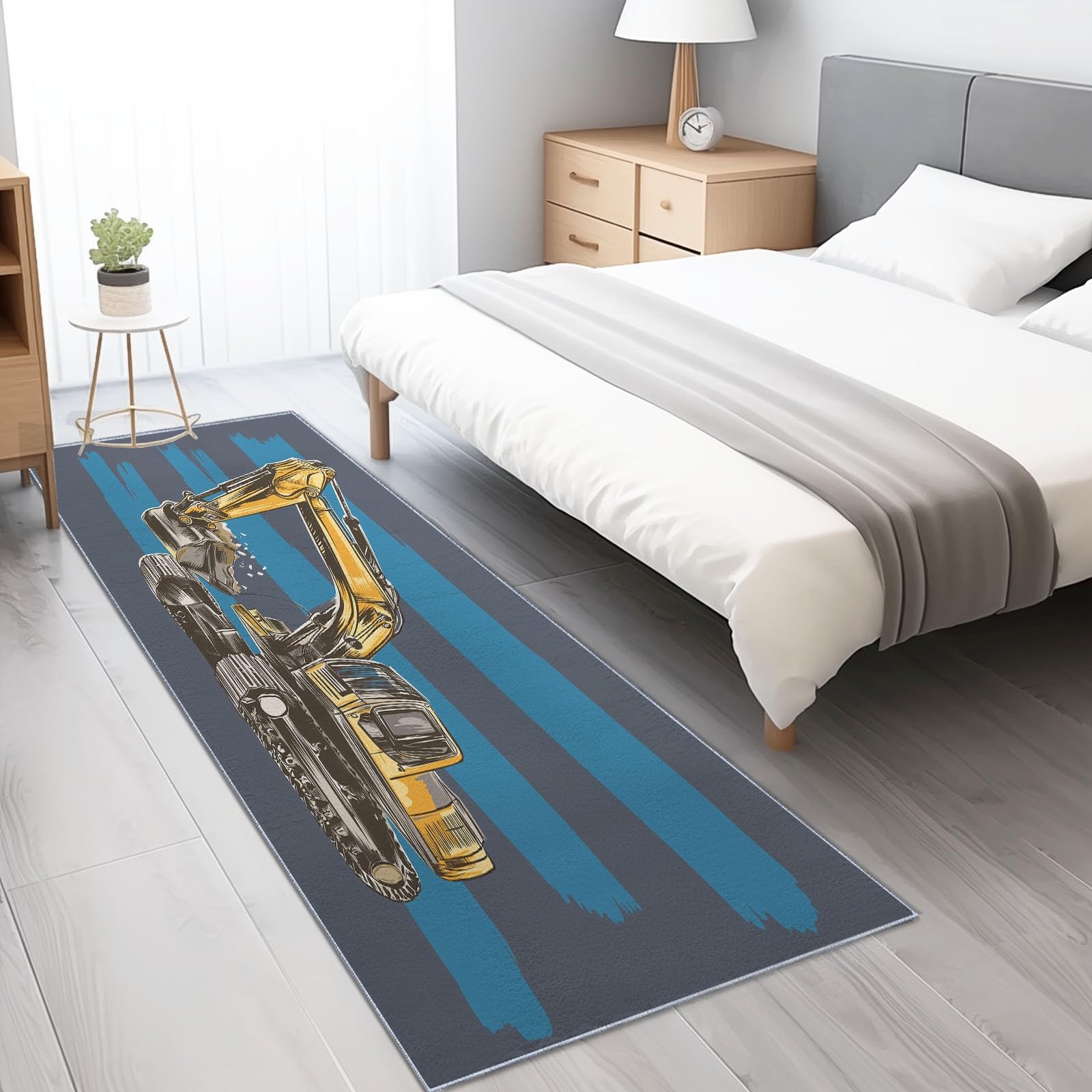 Tappeto a pelo corto lavabile, 65 x 240 cm, giallo, morbido, antiscivolo, semplice veicolo per bambini, veicolo da cantiere, per interni, per soggiorno, camera da letto, sala da pranzo, cameretta dei