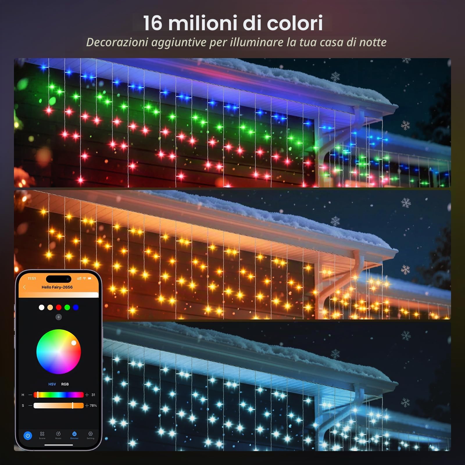 REYLAX Smart Luci Natale Esterno Cascata 20M 598LEDs Impermeabile IP67 Luci Stringa RGB String Lights Telecomando Decorazioni di Halloween e Natale Modalità di Scena Dinamica per Festa Nozze